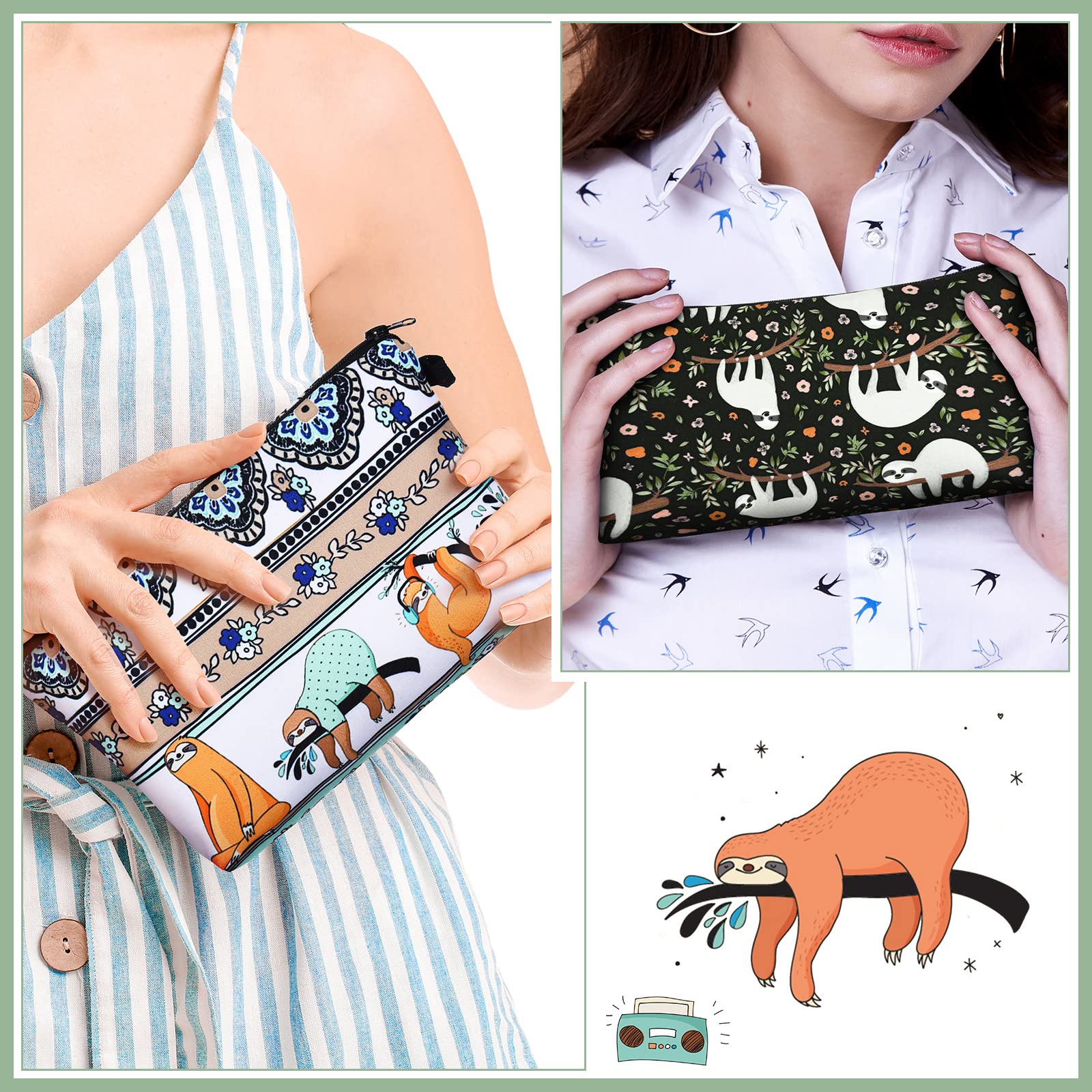 Sanwuta 12-Piece Waterproof Cosmetic Makeup Bag Set - Printed Roomy Toiletry Organizer with Zipper for Women (Sloth Design) - Perfect for Travel, Gym & Daily Beauty Storage