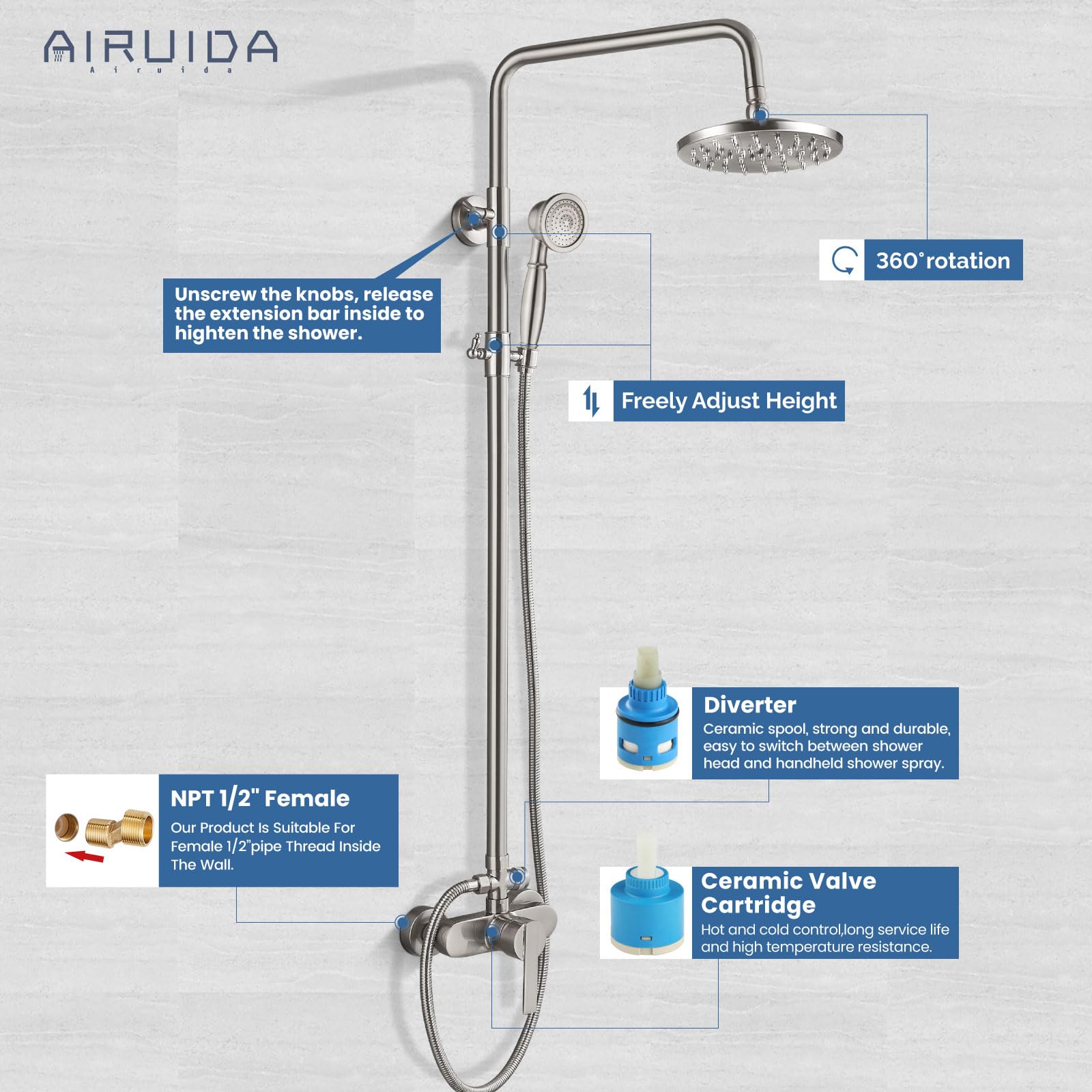 Airuida 8 Inch Brushed Nickel Rain Shower Head with Exposed Pipe System - Modern Adjustable Single Handle Shower Faucet Combo with Dual Functions - Perfect for Bathroom Renovation & Spa-Like Shower Experience