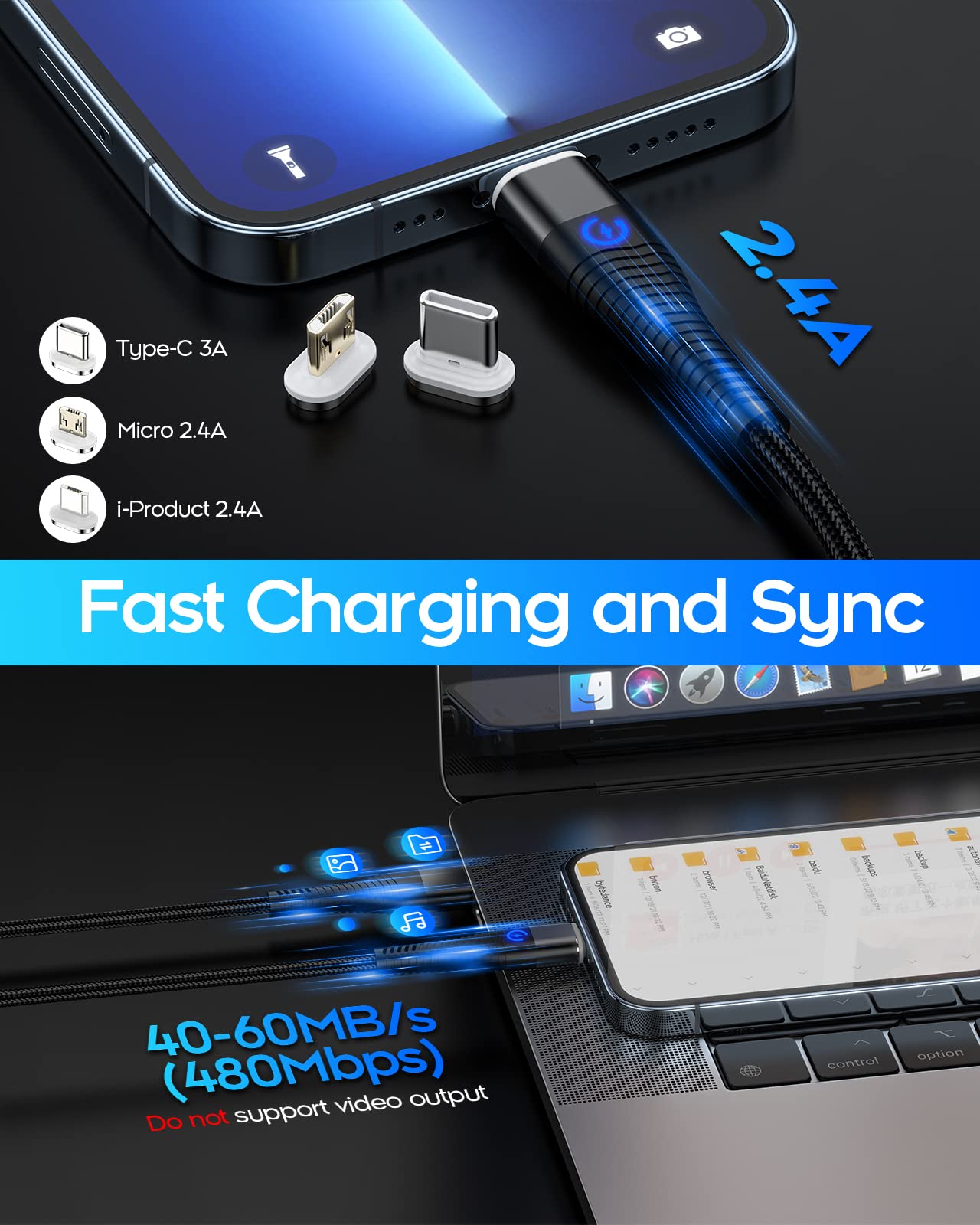 YKZ 3-in-1 Magnetic Charging Cable - Fast 15W USB-C/Micro USB/Lightning Cable with 12 Adapter Tips, Nylon Braided Durable Charger for iPhone 15/14/13/12, Samsung Galaxy, iPad & More (4-Pack: 1M+1M+2M+2M) - Perfect for Home, Office & Travel Charging