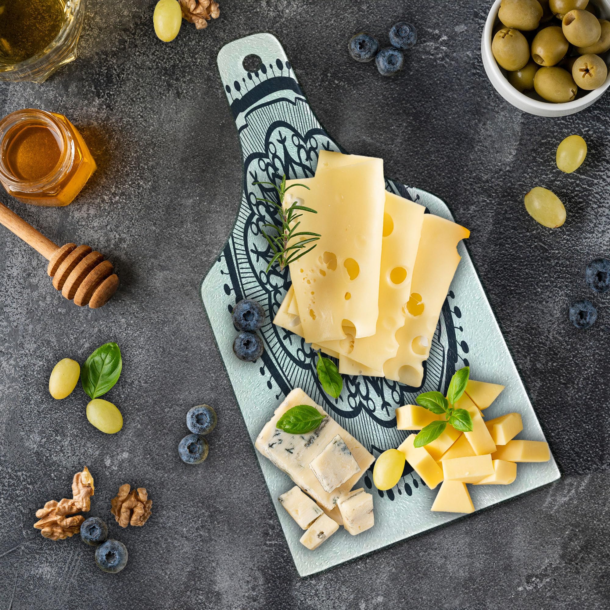 Ambesonne Boho Cutting Board - Realistic Retro Eye Pattern Round Eastern Mandala Design Tempered Glass Serving Board for Kitchen, Charcuterie & Wine (White & Blue) - Perfect for Entertaining, Cheese Platters & Home Decor