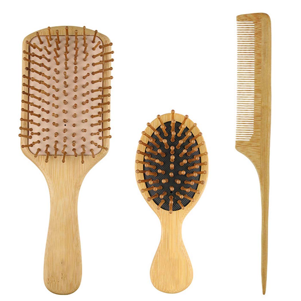 JUSTDOLIFE 3PCS Bamboo Hair Comb Set - Paddle Brush, Detangling Comb & Massage Brush for Smooth & Healthy Hair | Perfect for Styling, Detangling & Scalp Care at Home or Salon