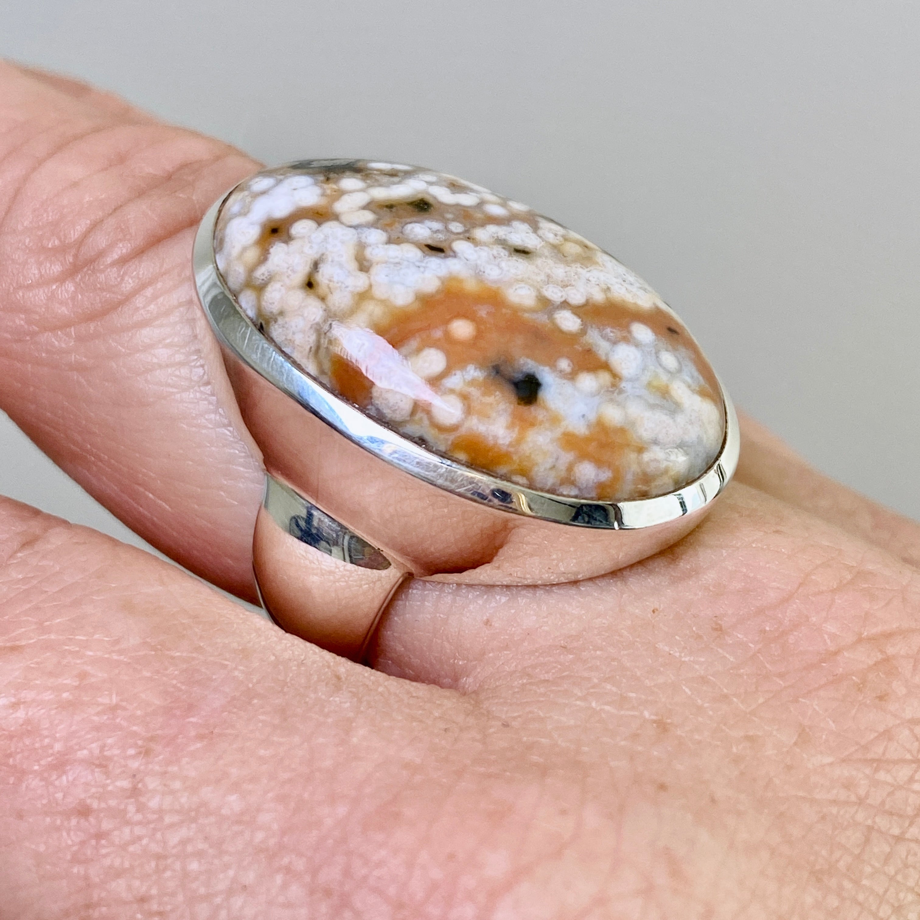Ocean Jasper Oval Cabochon Ring - Size 8.5 - Natural Stone Jewelry - Handmade Silver Ring - Perfect for Boho Style & Spiritual Healing - Gift for Women & Crystal Lovers