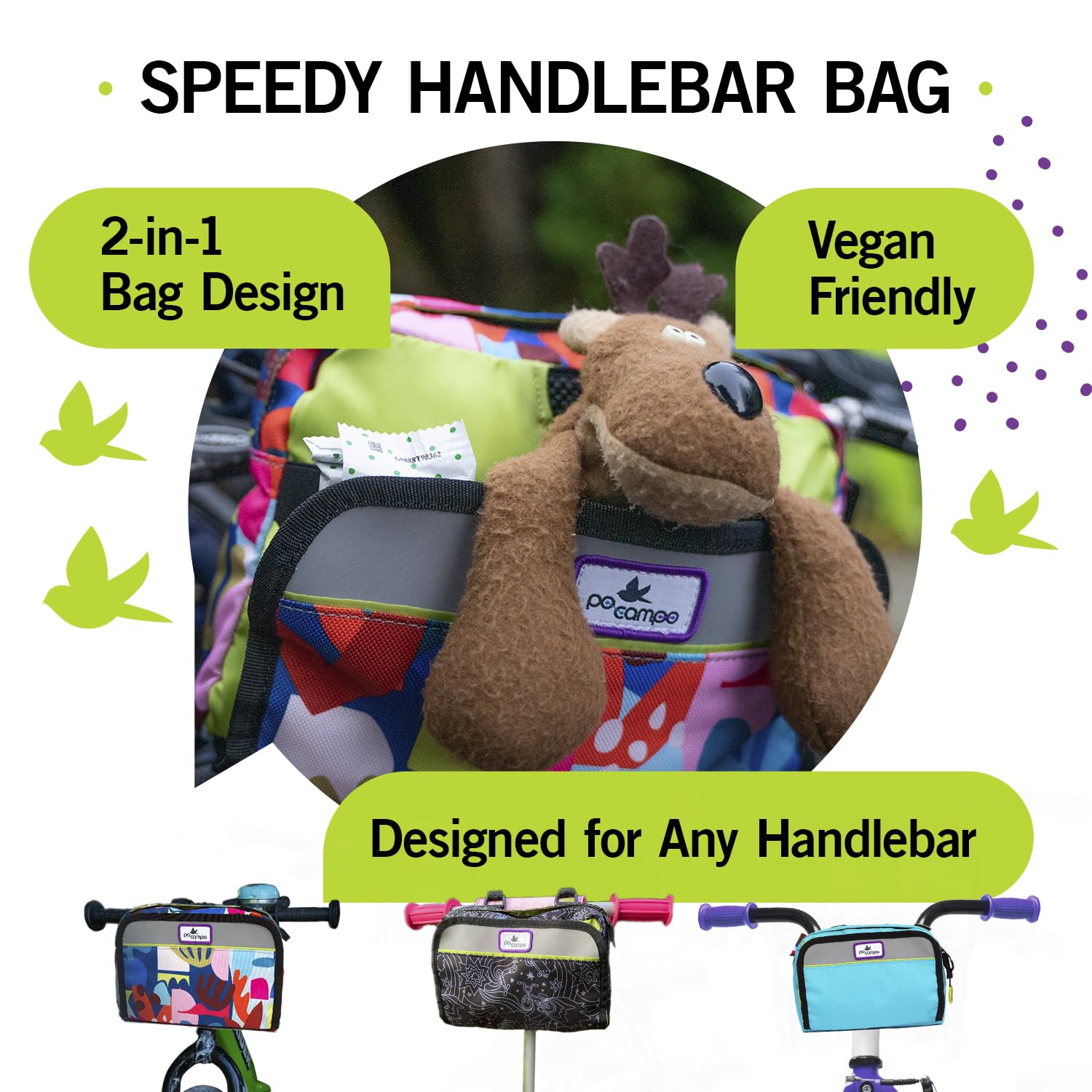 Po Campo Kids Bicycle Handlebar Bag - Waterproof Front Mount Bike Basket for Boys & Girls | Converts to Crossbody Bag | Perfect for School, Park Rides & Scooter Adventures