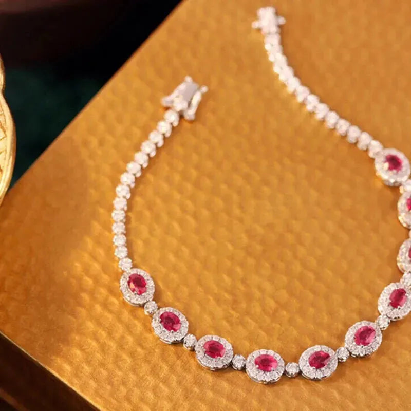 18K Solid White Gold Diamond & Natural Ruby Tennis Bracelet for Women | Elegant Jewelry Gift for Weddings, Parties & High-Class Banquets | Aazuo Fine Jewelry