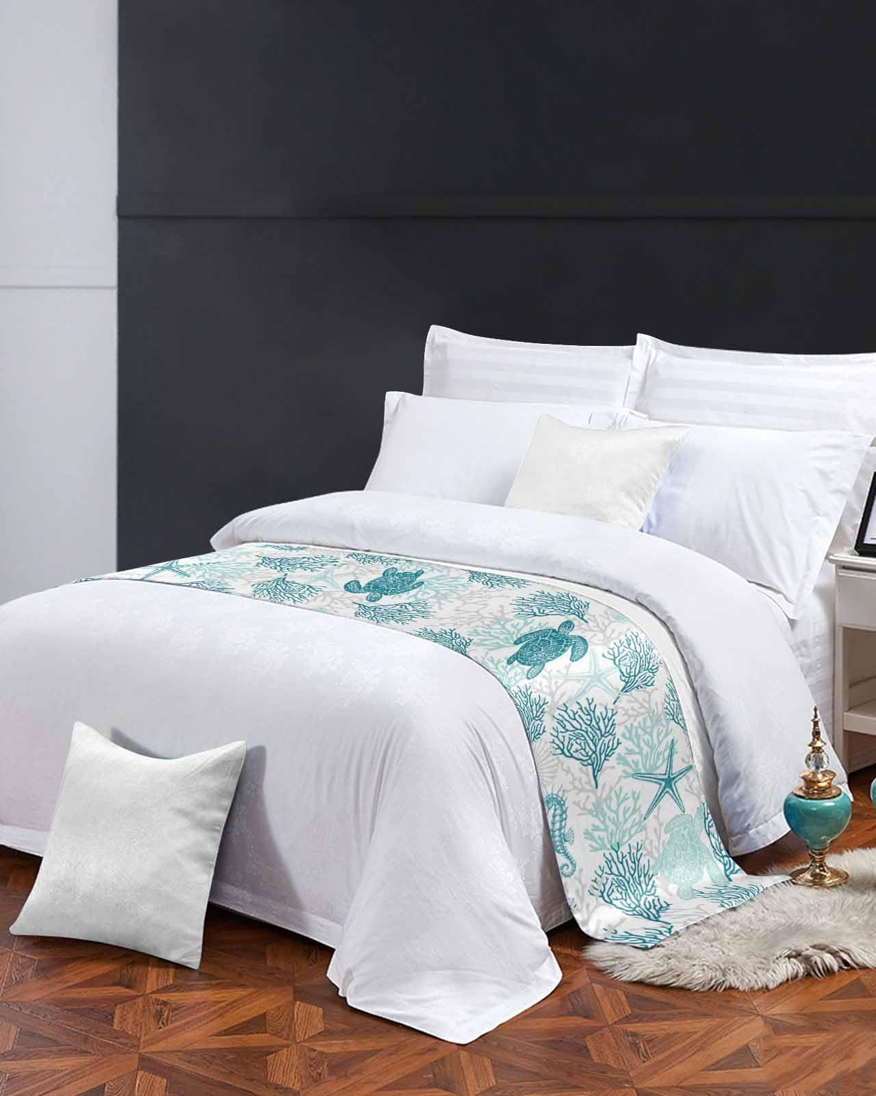 Turquoise Coastal Bed Runner for Full/Queen Size Bed - 83x20 Inch Nautical Sea Turtle Design Bedspread Protector, Slipcover & Bed Scarf - Perfect for Beach House, Hotel Rooms, Wedding Decor & Summer Bedroom Styling