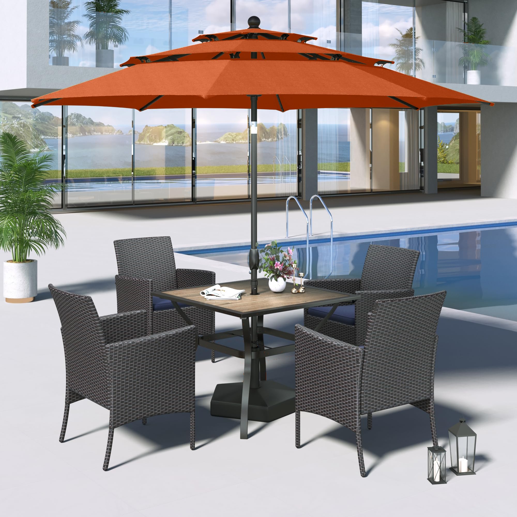 MFSTUDIO 6-Piece Outdoor Rattan Wicker Dining Set with Umbrella - Patio Furniture for 4 People, Weather-Resistant Metal Frame Table and Chairs - Perfect for Backyard, Garden, Poolside & Outdoor Entertaining