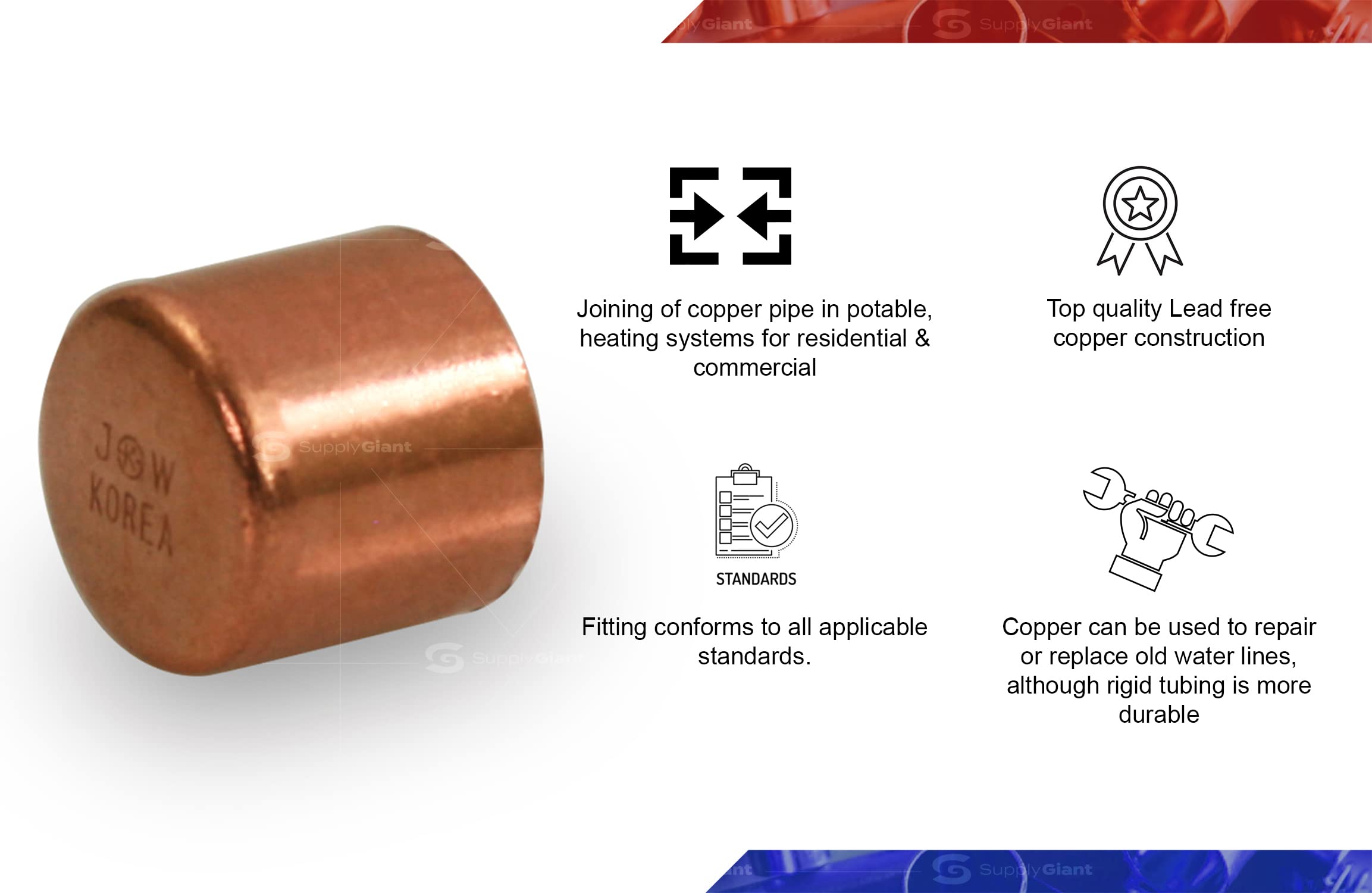 1-1/4 Inch Copper Sweat Plug End Cap Pipe Fitting for Plumbing & HVAC Systems - Durable Brass Pipe Cap for Water Lines, Gas Lines & Heating Systems (DUFD0125-5)