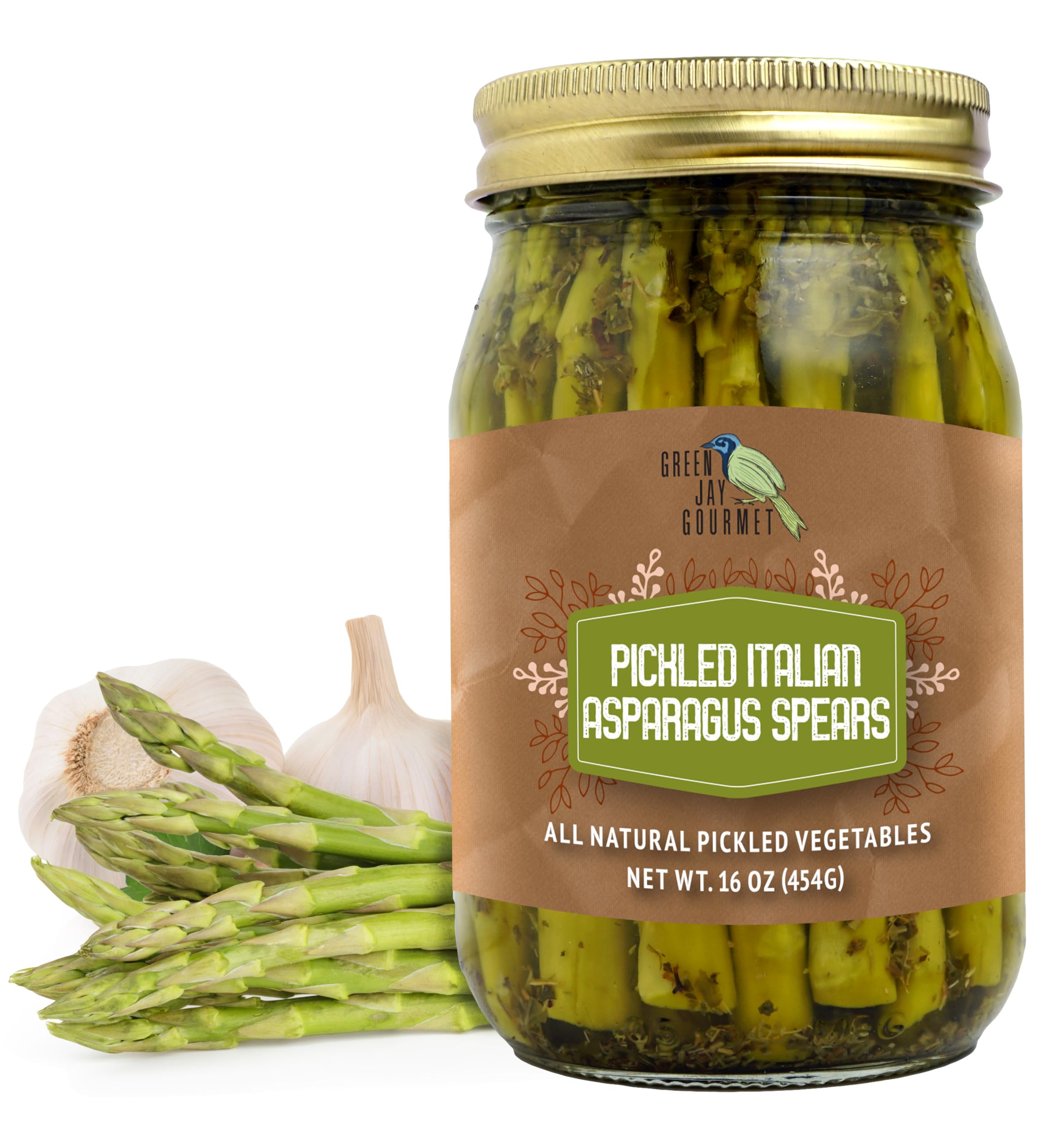 Green Jay Gourmet Pickled Italian Asparagus Spears in Glass Jar - 16oz Handcrafted Preserved Vegetables for Cooking, Pantry & Charcuterie Boards - All Natural Ingredients - Perfect for Salads, Antipasto & Gourmet Gifts