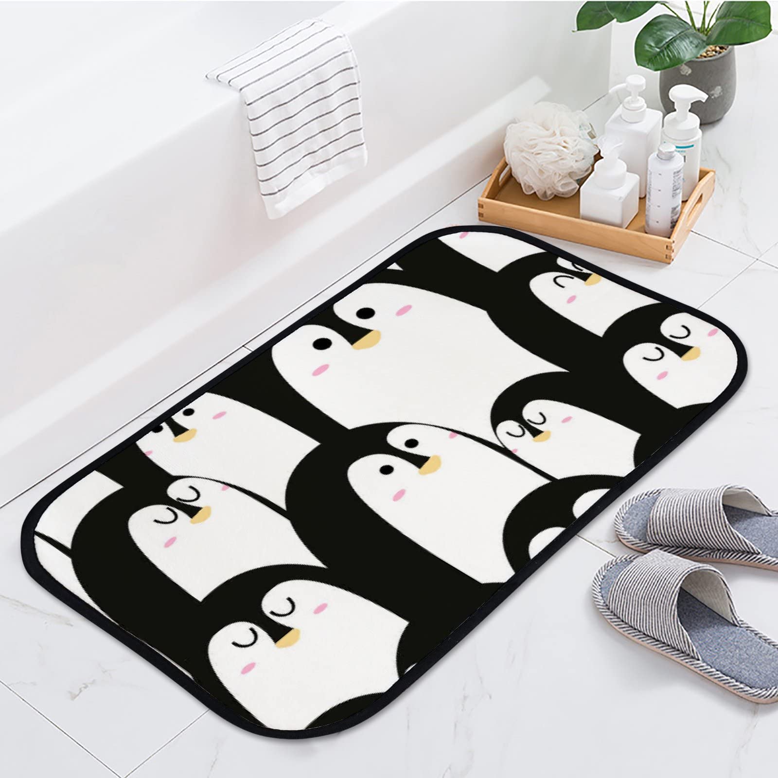 Soft Foam Non-Slip Penguin Print Area Rug - Black & White Washable Bath & Kitchen Mat for Indoor/Outdoor Use (23.6x15.7 Inches) - Perfect for Bathroom, Kitchen, Nursery & Home Decor