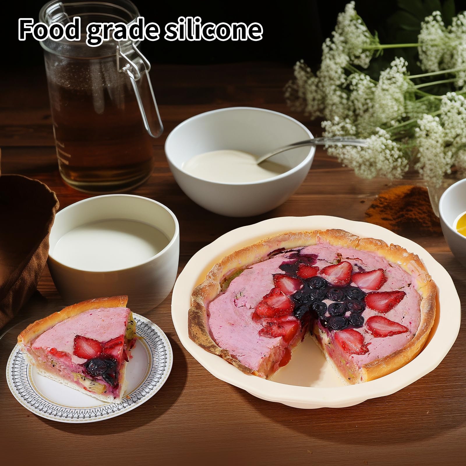 9-Inch Silicone Pie Pans for Baking - Dishwasher & Microwave Safe with Corrugated Edge (Red & Beige) | Perfect for Thanksgiving, Christmas Desserts & Family Baking