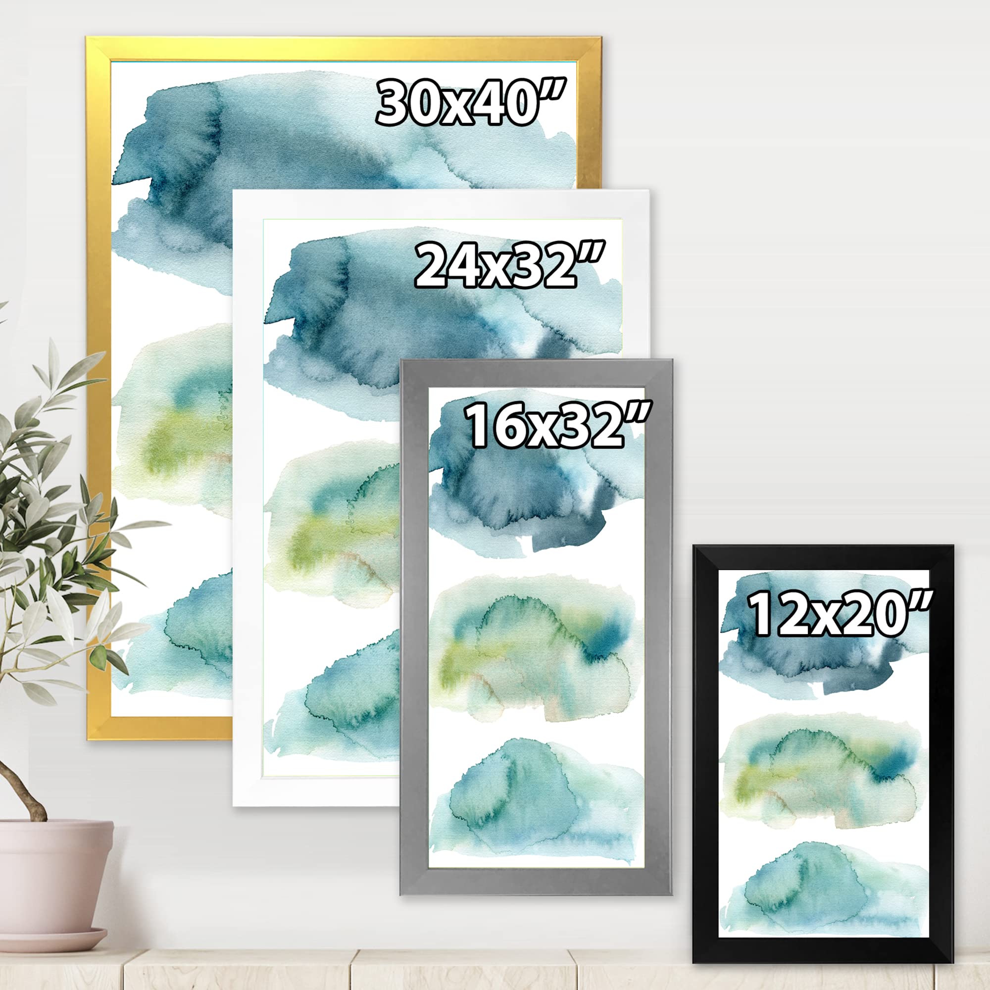 DesignQ Blue and Green Clouds Modern Framed Wall Art - Contemporary Home Decor for Living Room, Bedroom & Office