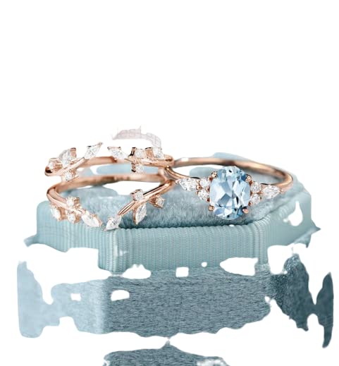 Vintage Aquamarine Engagement Ring Set - March Birthstone Oval Rose Gold Leaf Cluster Enhancer Ring for Wedding, Anniversary & Special Occasions