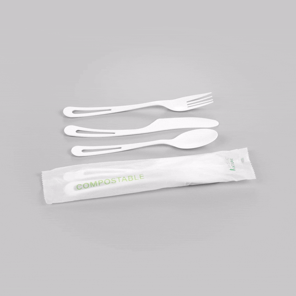 Eco-Friendly White CPLA Plastic Cutlery Set - 100-Piece Compostable Utensils with Heat-Resistant Wrapper (7.5
