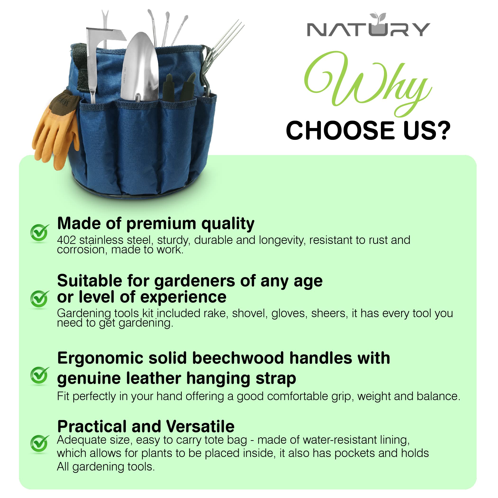 Premium Stainless Steel Garden Tools Set with Solid Beechwood Handle - Complete Gardening Kit Includes Rake, Shovel, Gloves, Shears & Tool Organizer - Ideal for Planting, Weeding & Landscaping - Perfect Gardening Gift for Women & Men