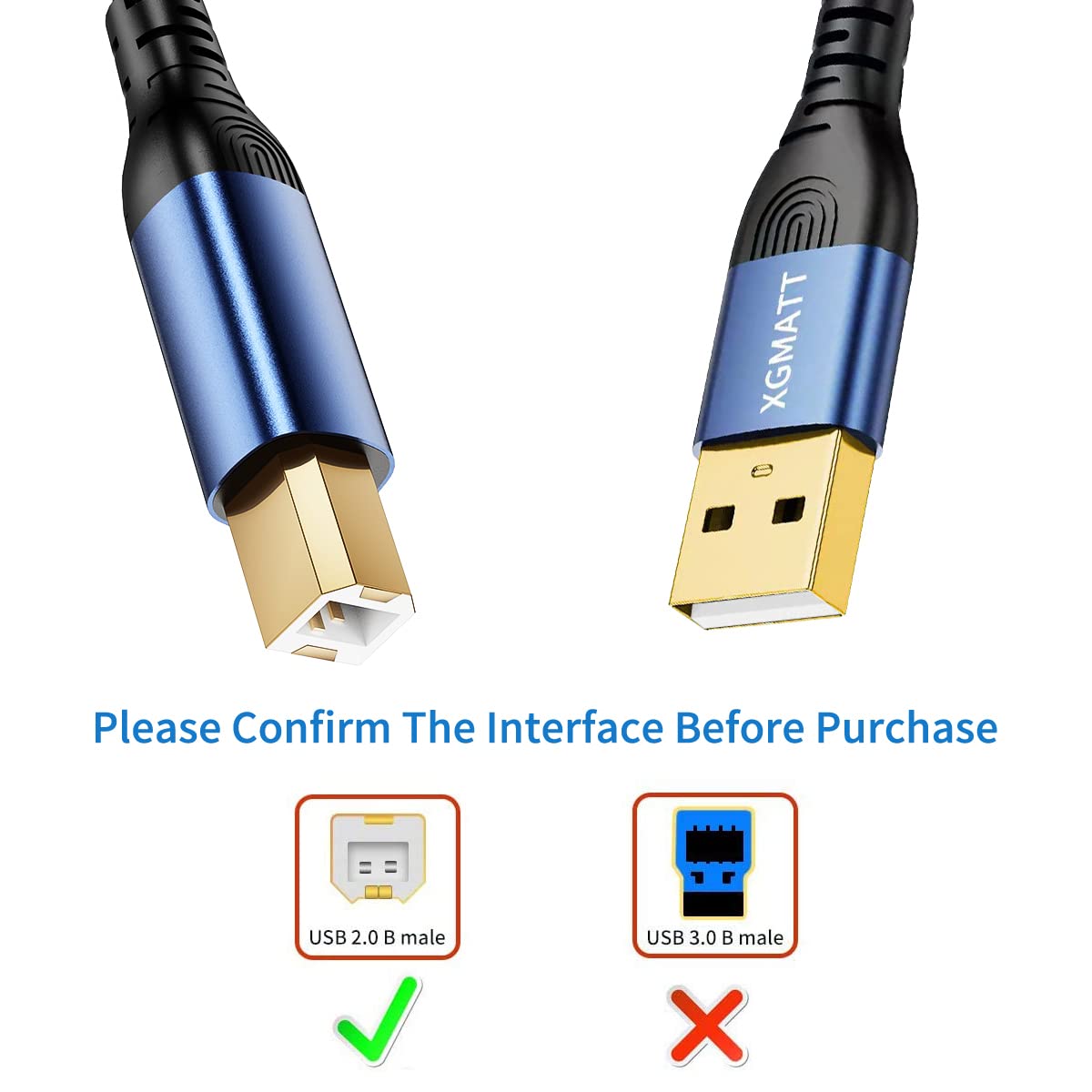 XGMATT 4.5M USB 2.0 Printer Cable A Male to B Male - High Speed Braided Nylon Scanner Cord for HP, Dell, Canon, Lexmark, Xerox, Brother, Samsung Printers - Perfect for Home Office, Small Business & Commercial Printing (Blue)