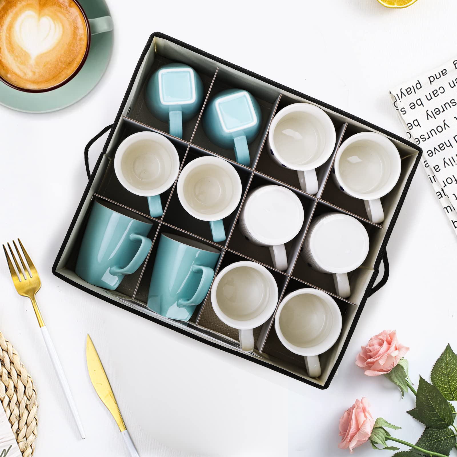 Dicunoy 12-Slot Mug and Cup Storage Box with Lid & Handles - Organizer for Tea Cups, Coffee Mugs, Stoneware & Glassware - Perfect for Kitchen Cabinet, Pantry or Holiday Cup Storage (Christmas Mugs, Light Bulbs)
