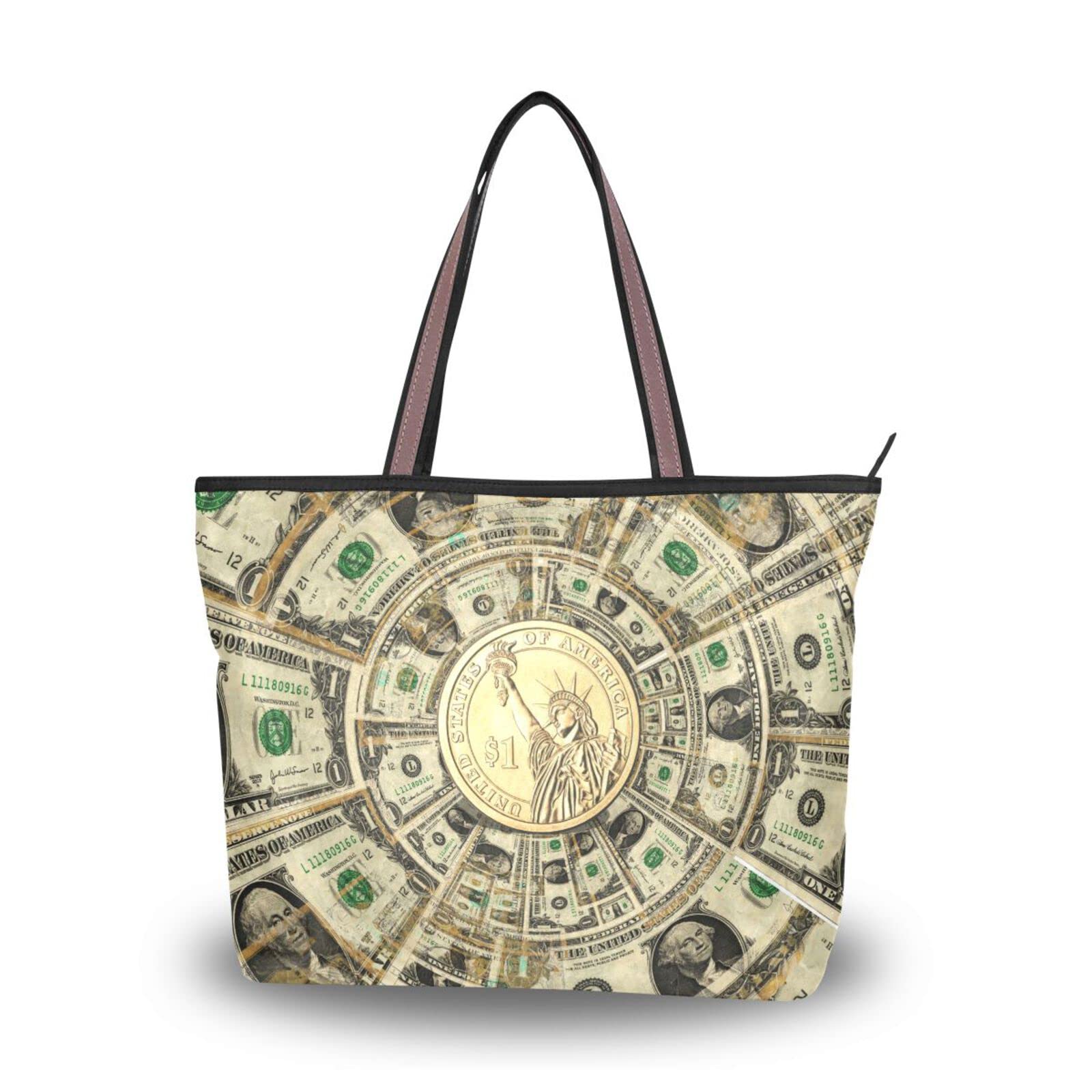 Stylish Large Capacity Zipper Tote Bag with Dollar Coin Print - Women's Grocery Shopping Bag for Daily Use (2 Sizes) - Perfect for Work, Travel & Beach Outings
