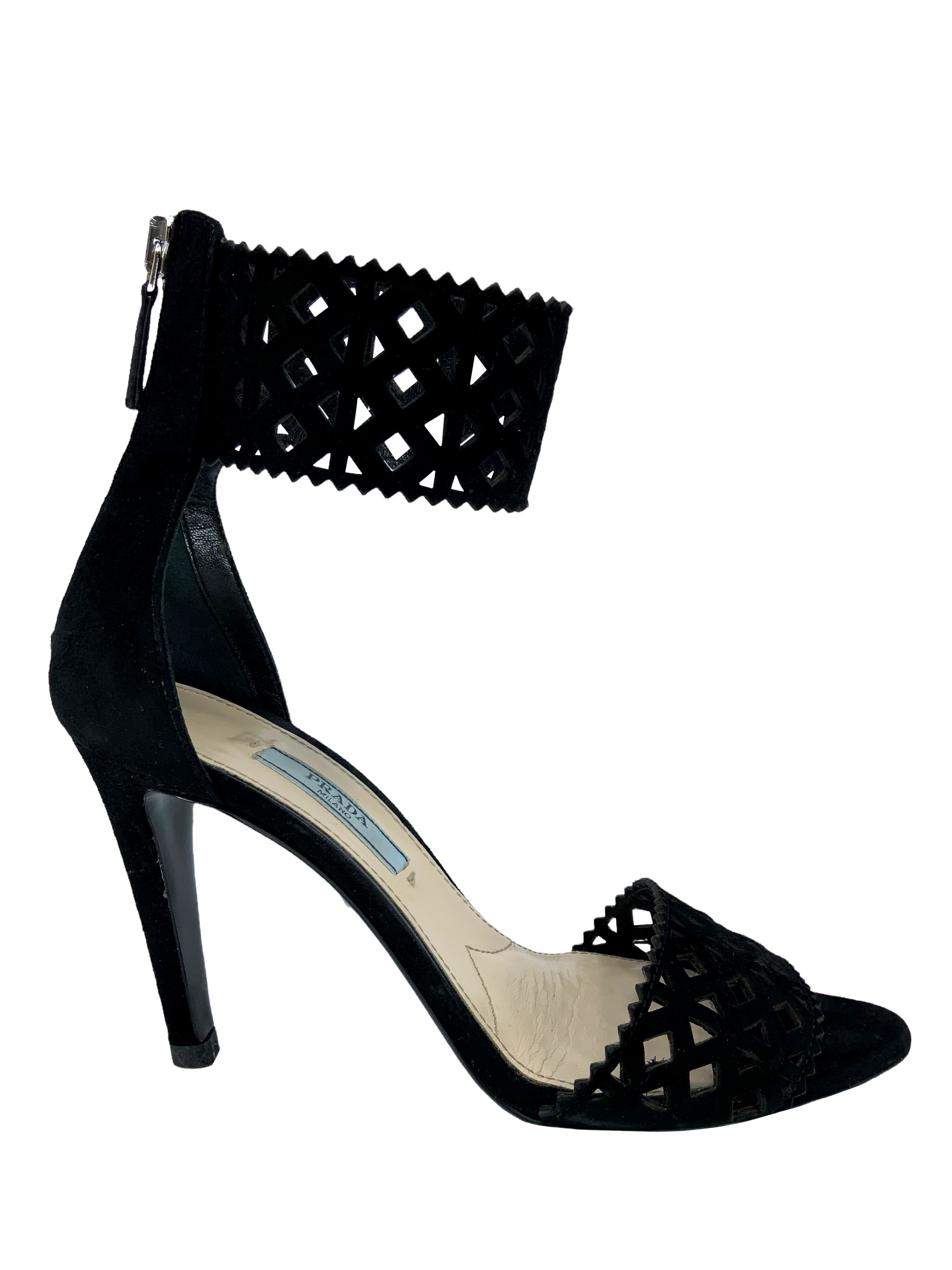 Prada Camoscio Suede Laser Cut Sandals Women's Size 6.5 - Luxury Designer Summer Shoes for Weddings, Parties & Beach Vacations