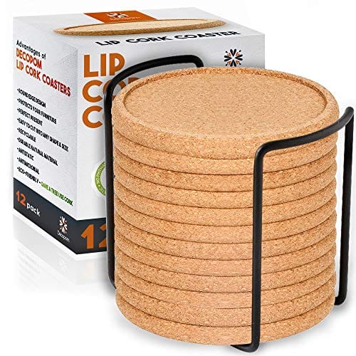 12-Pack Natural Cork Coasters with Lip for Drinks - 4 Inch Thick Rustic Absorbent Saucers with Metal Holder - Heat & Water Resistant Reusable Round Coasters for Bar, Glass Cups, Coffee Tables - Perfect for Home, Office & Restaurant Use
