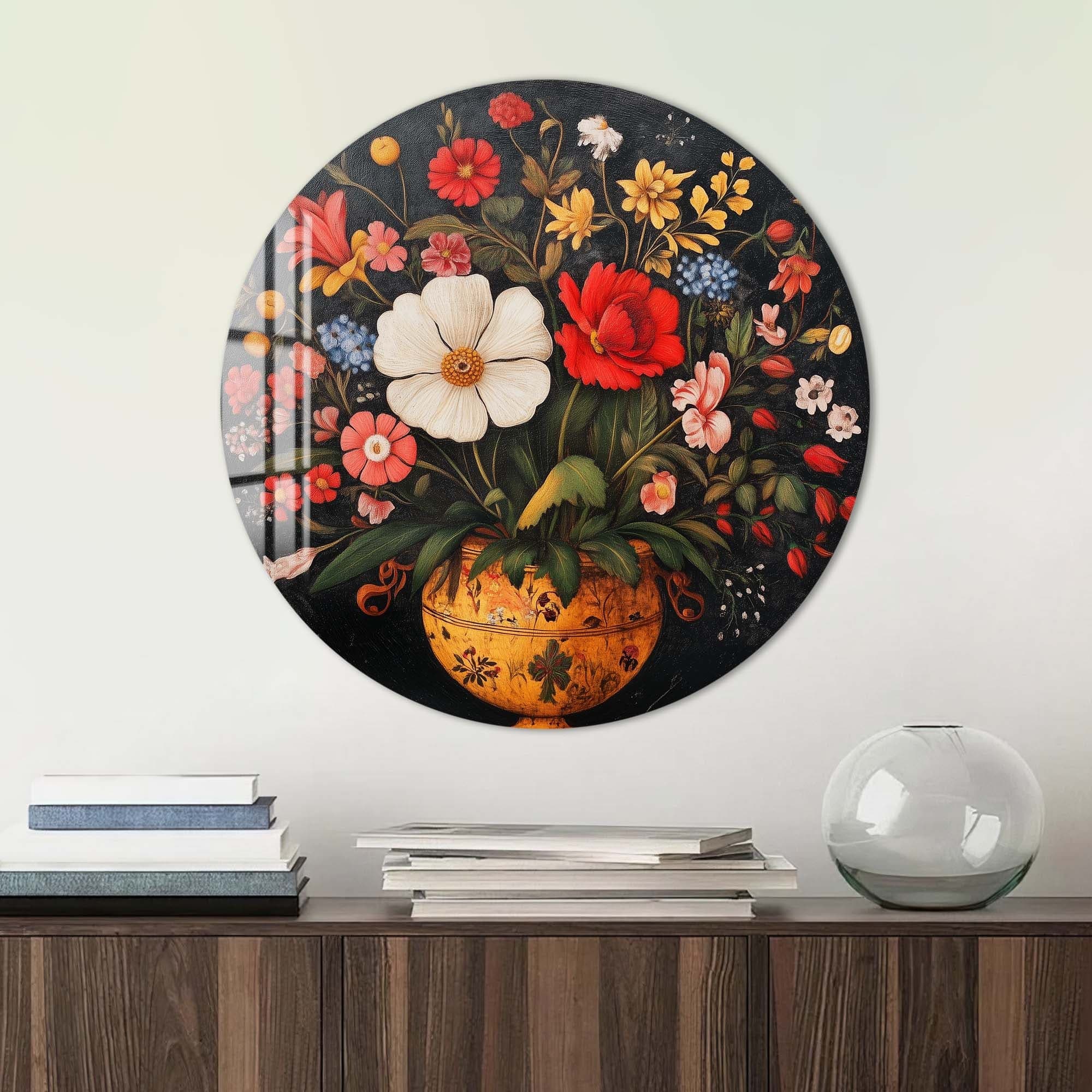 Elegant Rounded Glass Wall Art with Floral Design - Perfect for Living Room, Bedroom & Office Decor