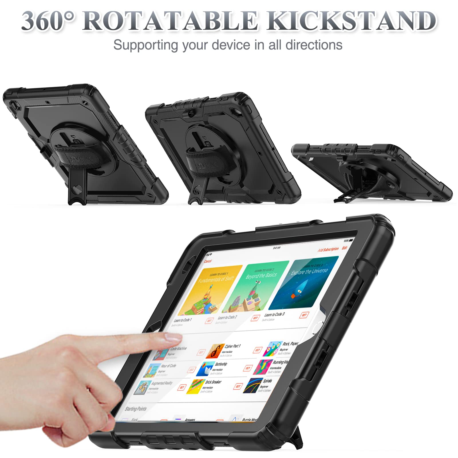 SEYMAC Shockproof Protective Case for iPad 9th/8th/7th Generation 10.2 Inch (2021-2019 Models) - with Built-in Screen Protector, 360° Rotating Hand Strap, Pencil Holder & Stand - Perfect for Work, School and Travel (Black)