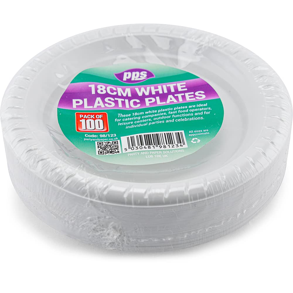 100 Pack White Plastic Plates 7 Inch (18cm) - Durable Disposable Plates for Hot & Cold Food - Perfect for Parties, Picnics, BBQs & Everyday Use