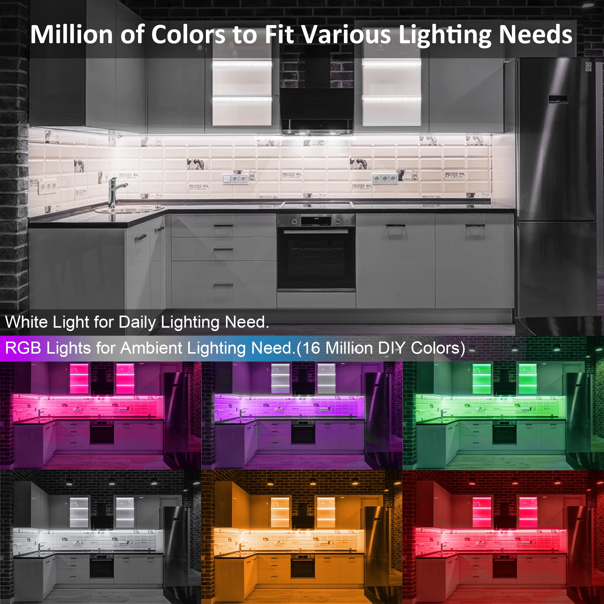6-Piece RGB Under Cabinet Lighting Kit with Smart App & Remote Control - Dimmable LED Lights for Kitchen, Counter, Workbench & Desk - Perfect for Task Lighting, Ambient Decor & Workspace Illumination