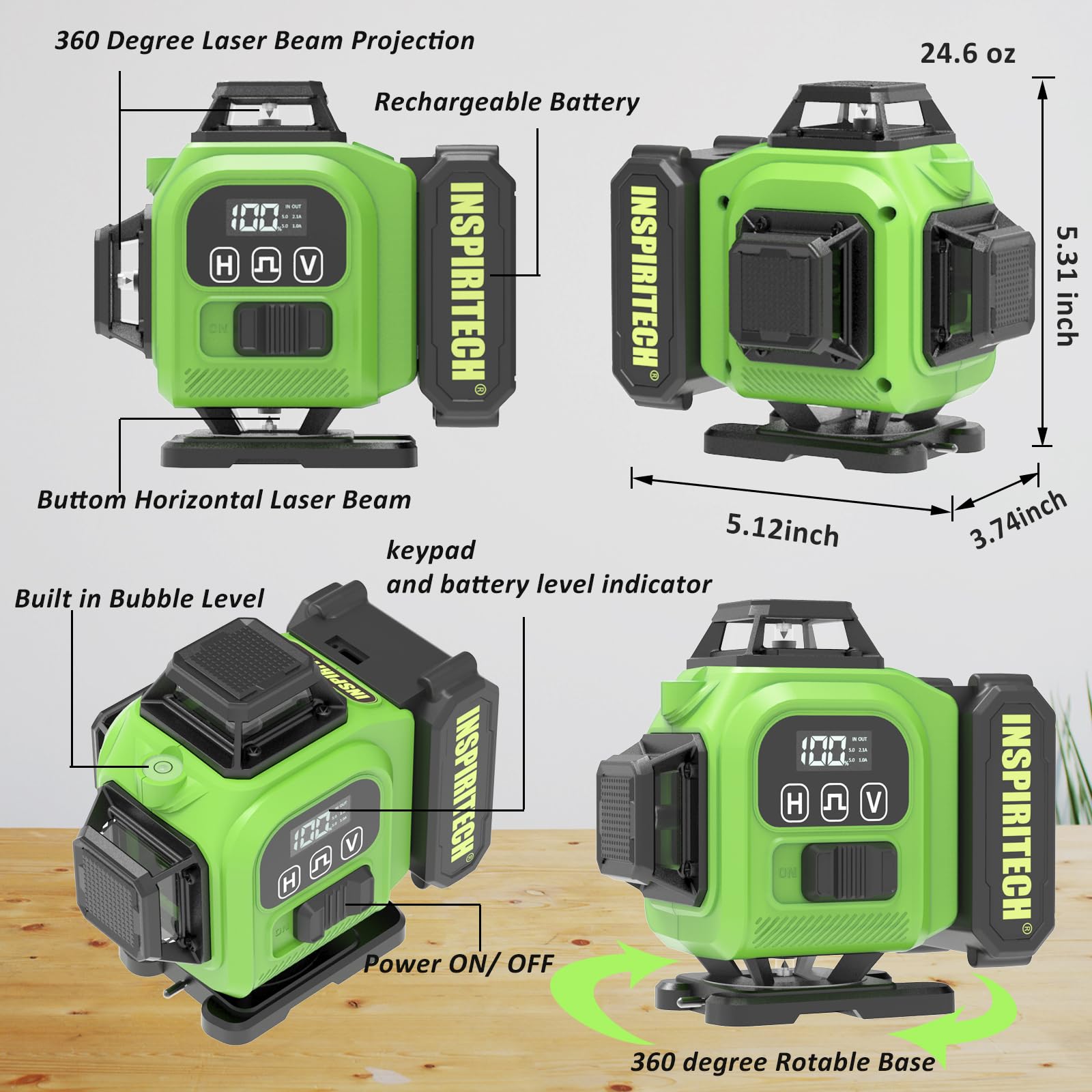 360° Self-Leveling Green Laser Level with Remote & Hard Case - 4x360° Rechargeable Line Laser for Framing, Wall, Ceiling, Floor Tile Installation - Perfect for Construction, Renovation and DIY Home Projects