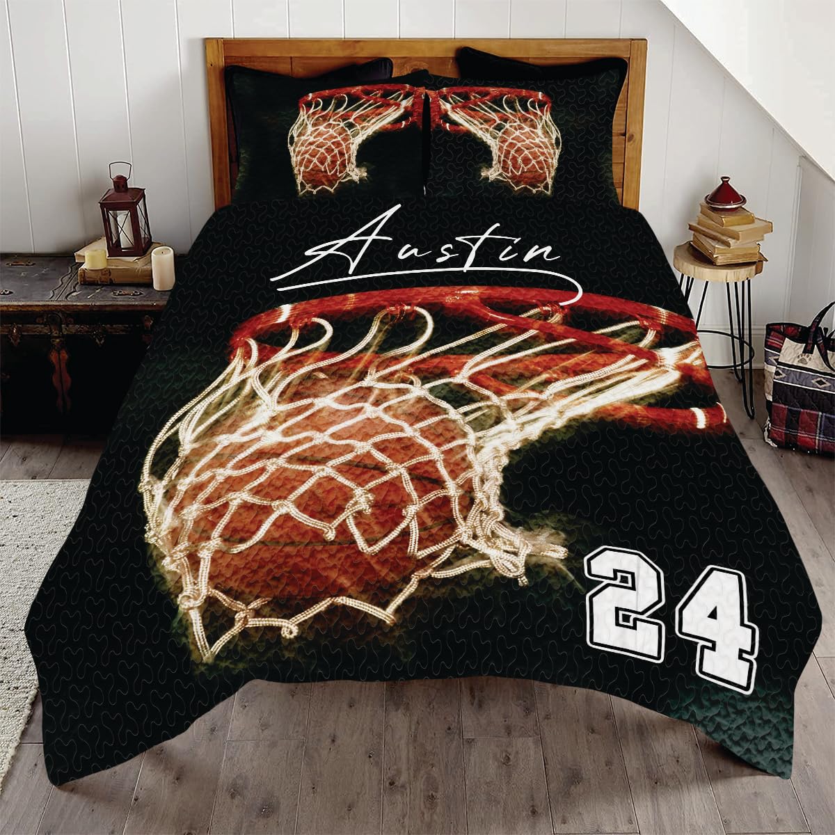 Personalized Basketball Hoop Quilt Set with Custom Name & Number - Queen/King/Twin Size Basketball Comforter - Basketball Theme Bedding Decor for Boys - Perfect Gift for Basketball Fans & Bedroom Sports Decor