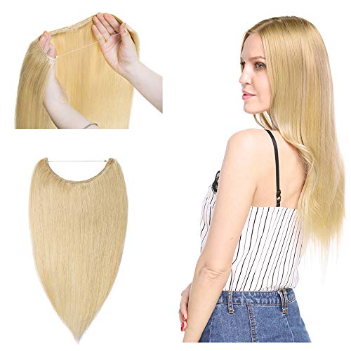 100% Human Hair Extensions - Invisible Wire In Hair Piece with Transparent Rubber Band & 2 Clips - Long Silky Straight #613 Bleach Blonde 22