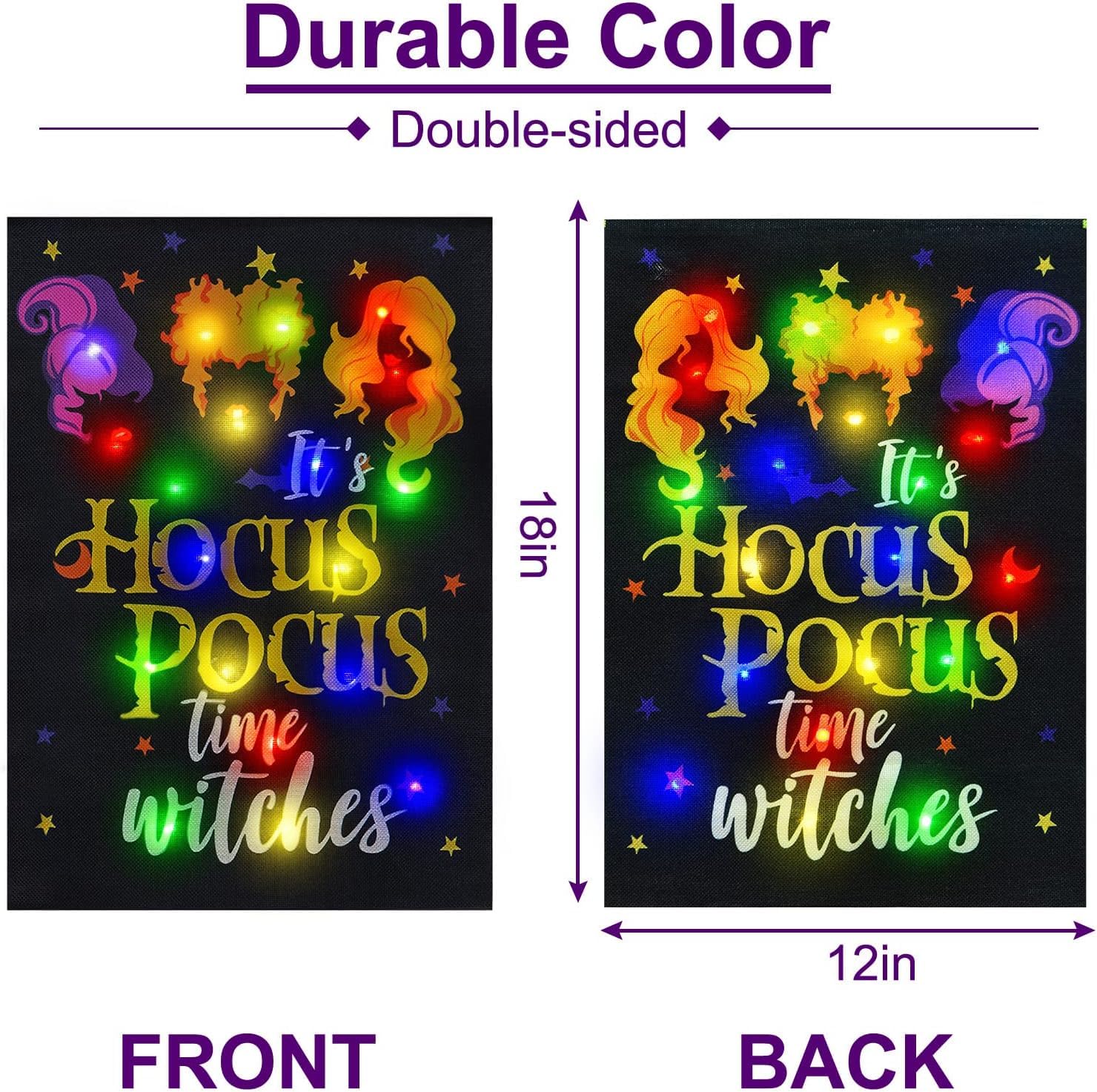 FLAGMESAG Solar-Powered Halloween Garden Flag - Hocus Pocus Witches Design for Outdoor Decor (12