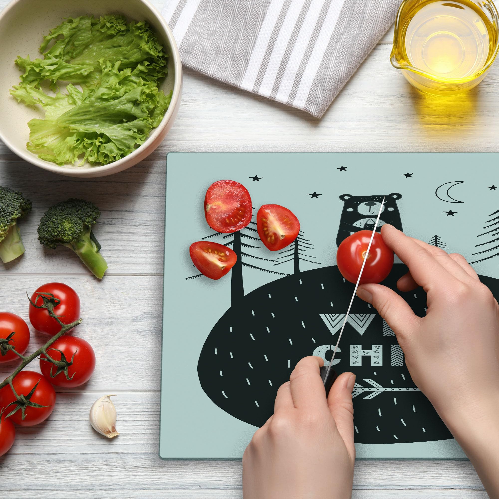 Ambesonne Grey and White Bear Forest Cutting Board - Hand Drawn Smiling Bear Holding Fish Design - Tempered Glass Serving Board for Kitchen & Dining - Large Decorative Charcuterie Tray for Entertaining & Gifts