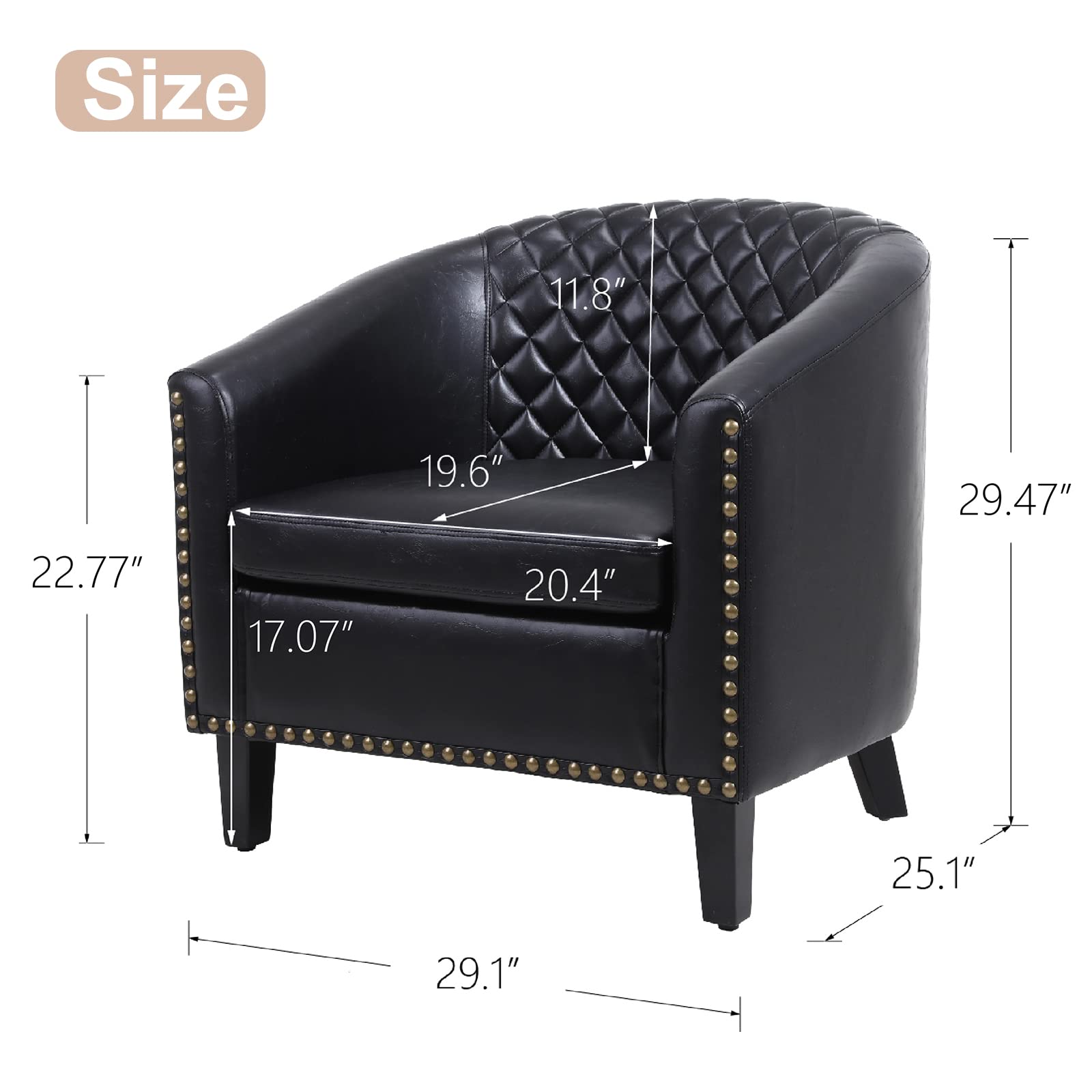 Modern PU Leather Club Chair - Upholstered Barrel Accent Living Room Armchair with Solid Wood Legs & Tufted Back - Comfy Reading Chair for Bedroom, Office or Lounge (Black) - Perfect for Relaxing, Reading & Small Space Decor