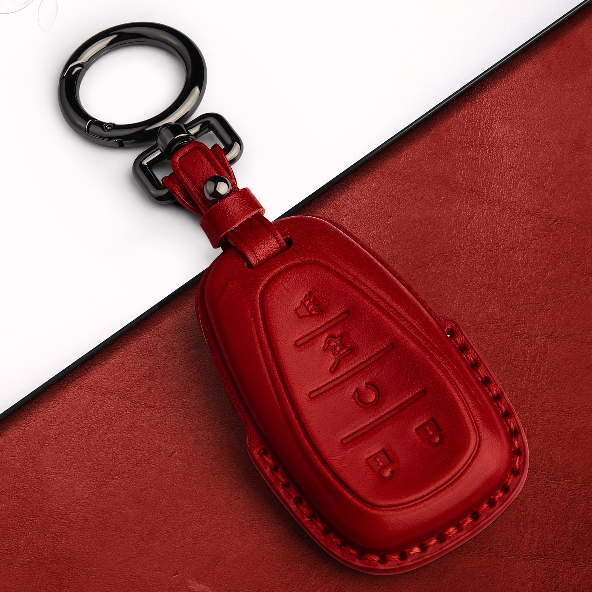 Tukellen Genuine Leather Key Fob Cover Compatible with Chevrolet Camaro Malibu Cruze Trax Traverse Sonic Volt Equinox Spark (2017-2021 Models) - Premium Protective Remote Key Case (Red) - Perfect for Car Enthusiasts & Daily Protection
