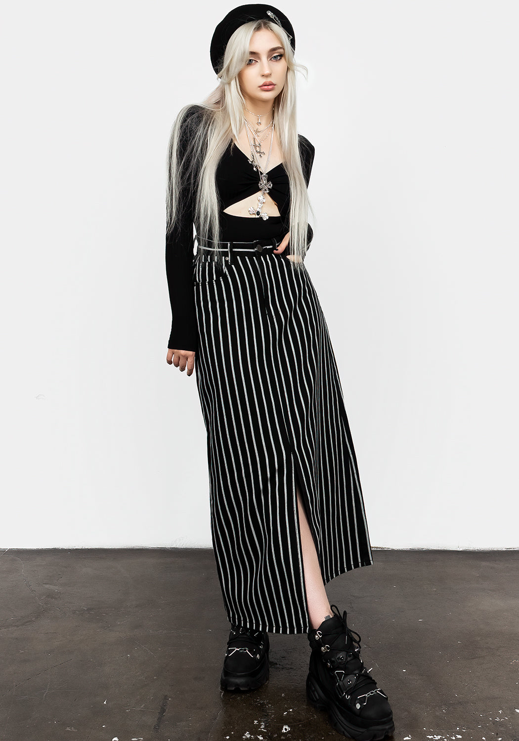 Stylish Deranged Stripe Denim Maxi Skirt for Women - Boho Chic Long Skirt with Side Slits - Perfect for Summer Outfits, Beach Vacations & Music Festivals