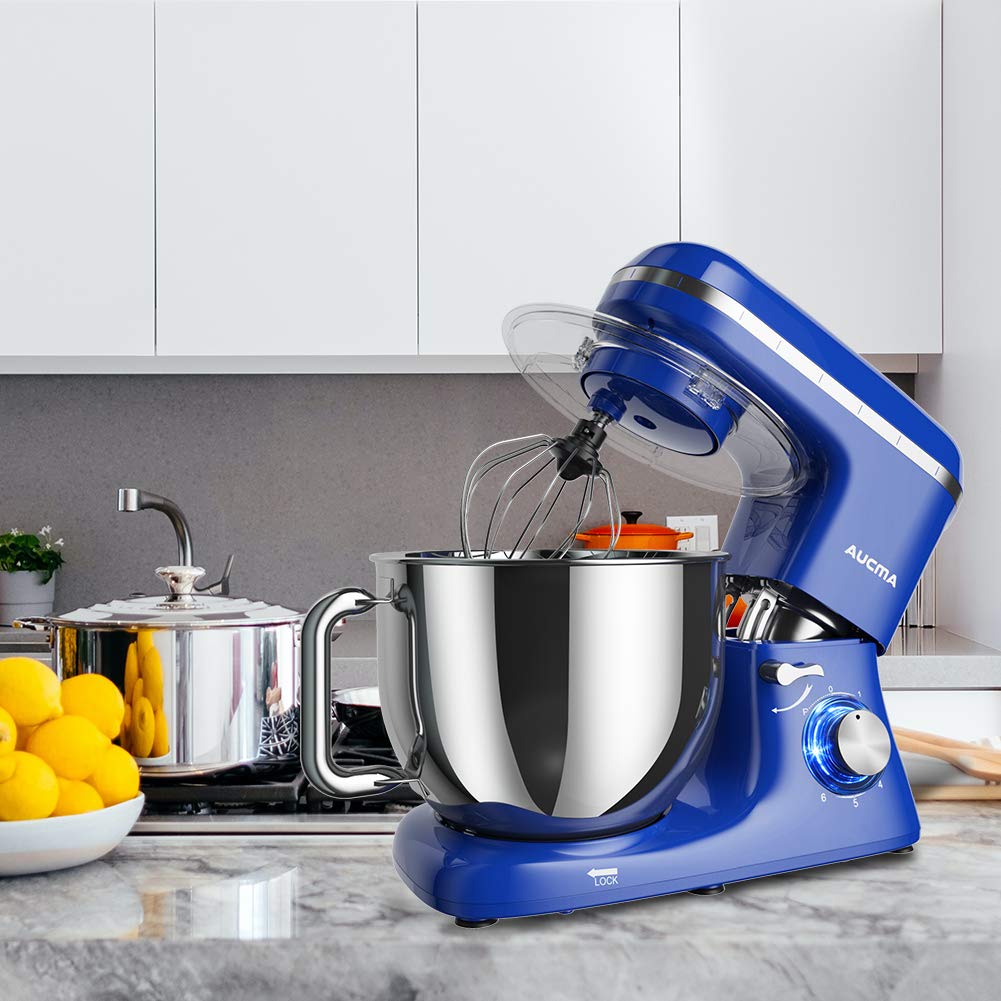 Aucma 7.4QT 6-Speed Tilt-Head Stand Mixer - Electric Kitchen Mixer with Dough Hook, Wire Whip & Beater (Royal Blue) - Perfect for Baking Cakes, Cookies, Bread & More