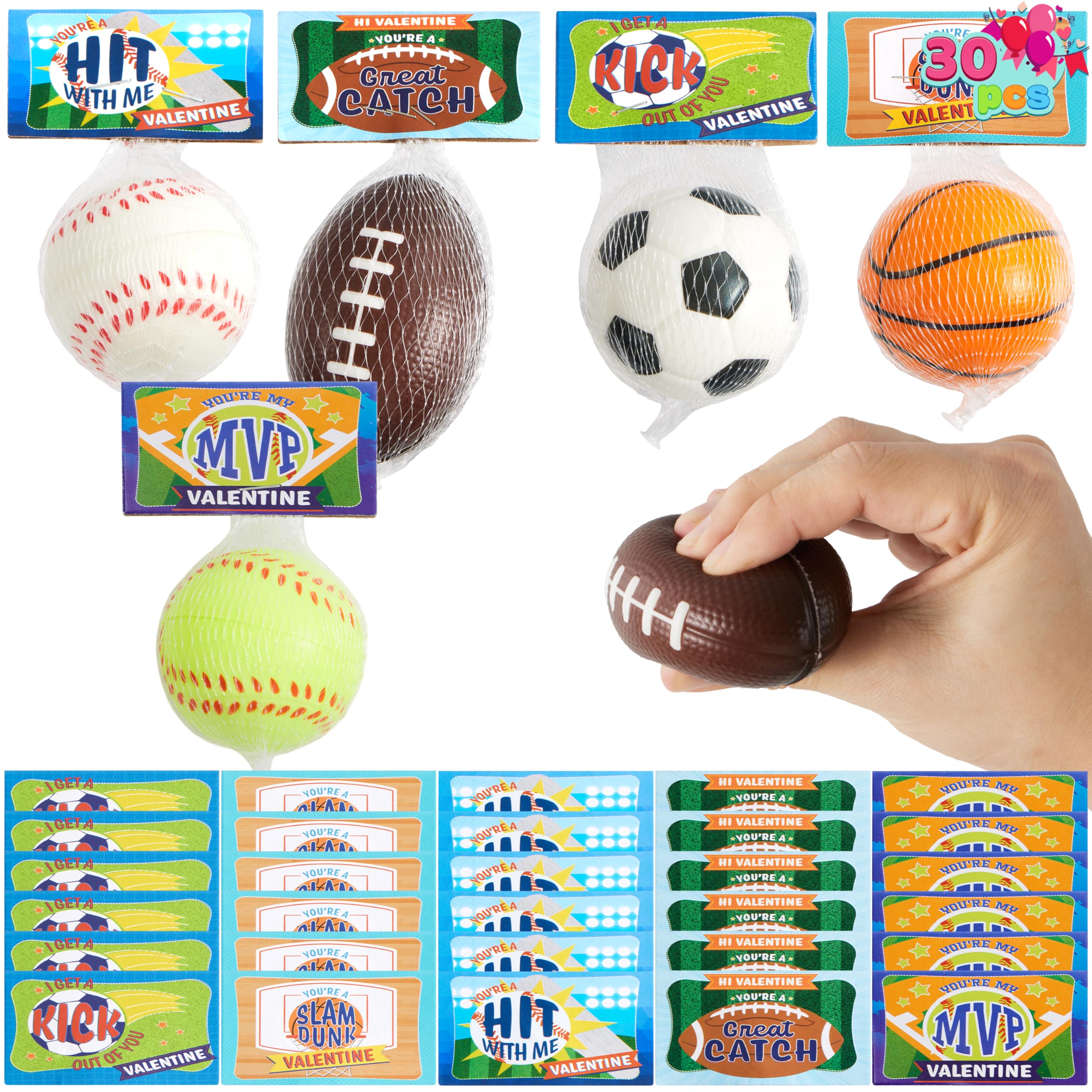 JOYIN 30 Pack Kids Valentine's Day Gift Cards with Mini Sports Ball Stress Balls - Squeeze Foam Balls for Classroom Exchange, Party Favors, Anxiety Relief & Stress Toys | Perfect for Valentine's Parties, School Prizes & Sensory Play