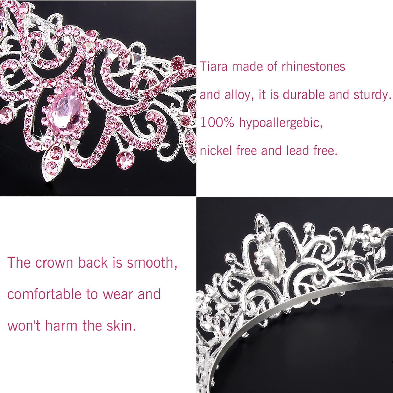 Pink Crystal Tiara Crown for Girls & Women - Rhinestone Princess Headband with Combs for Bridal Wedding, Prom, Birthday Party Hair Accessories | Elegant Jewelry Gift for Brides, Kids & Teens (5-Pack)