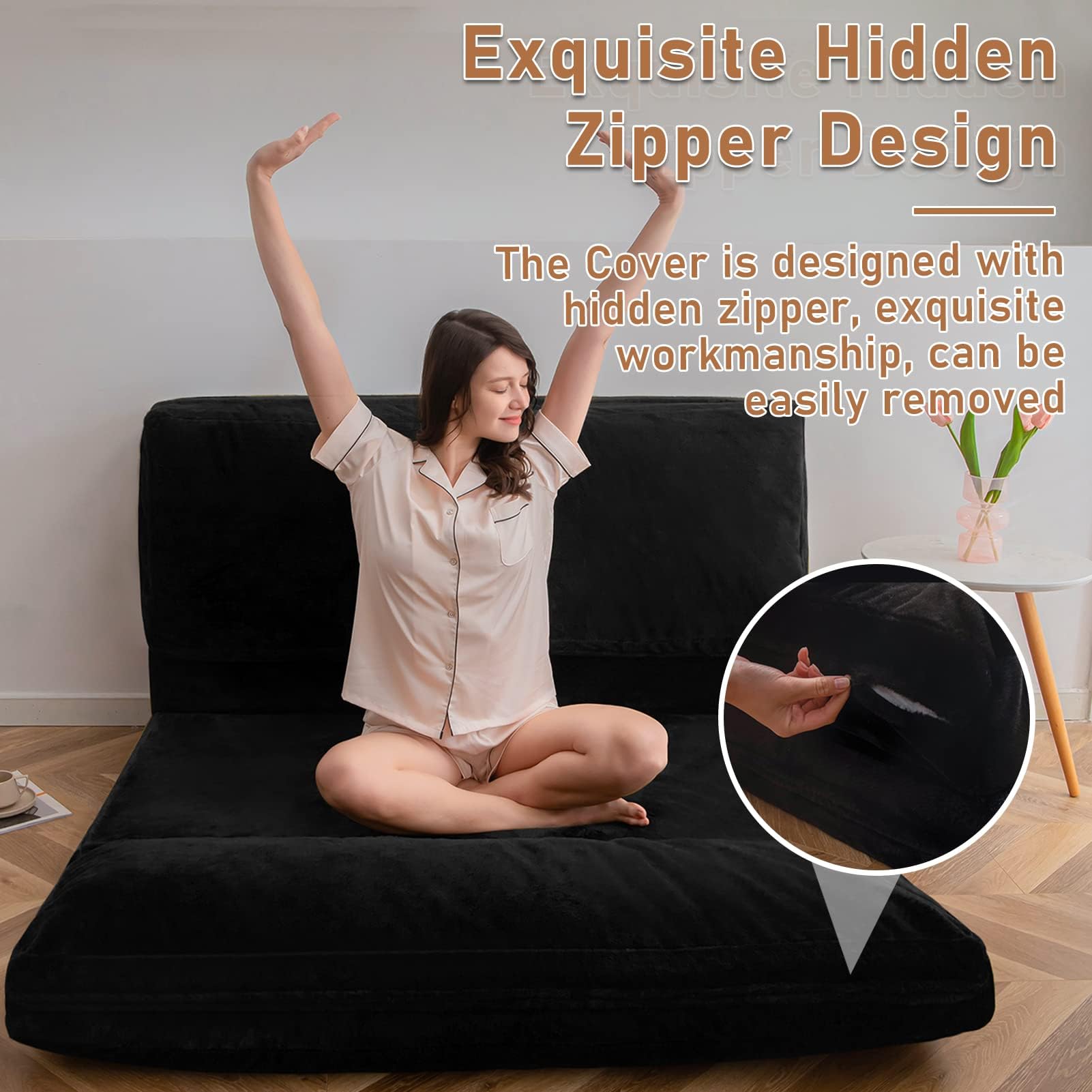 MAXYOYO Extra Thick Faux Fur Bean Bag Bed - Foldable Floor Sofa & Full Size Mattress for Adults (54x95 Inch, Black) | Washable Cover | Perfect for Living Room Lounging, Guest Bed & Dorm Room Comfort