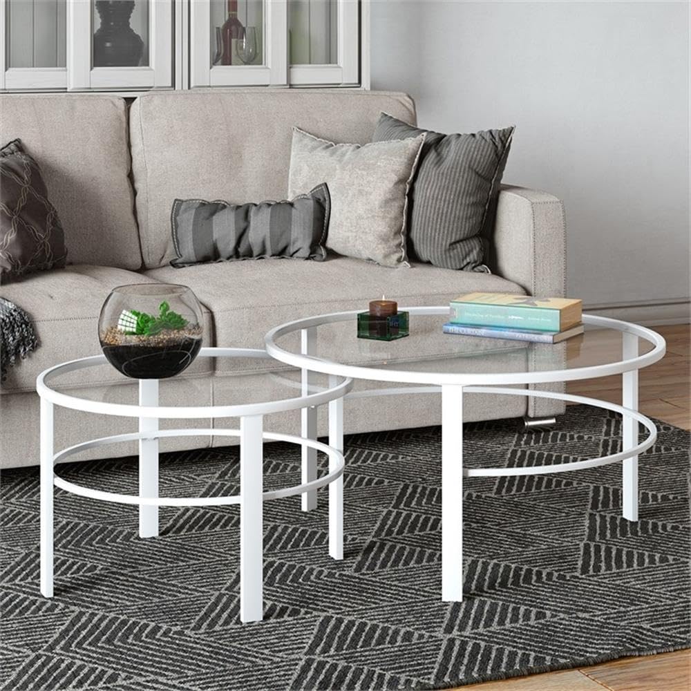 2-Piece White Metal & Glass Nesting Coffee Table Set - Modern Living Room & Office Furniture for Small Spaces