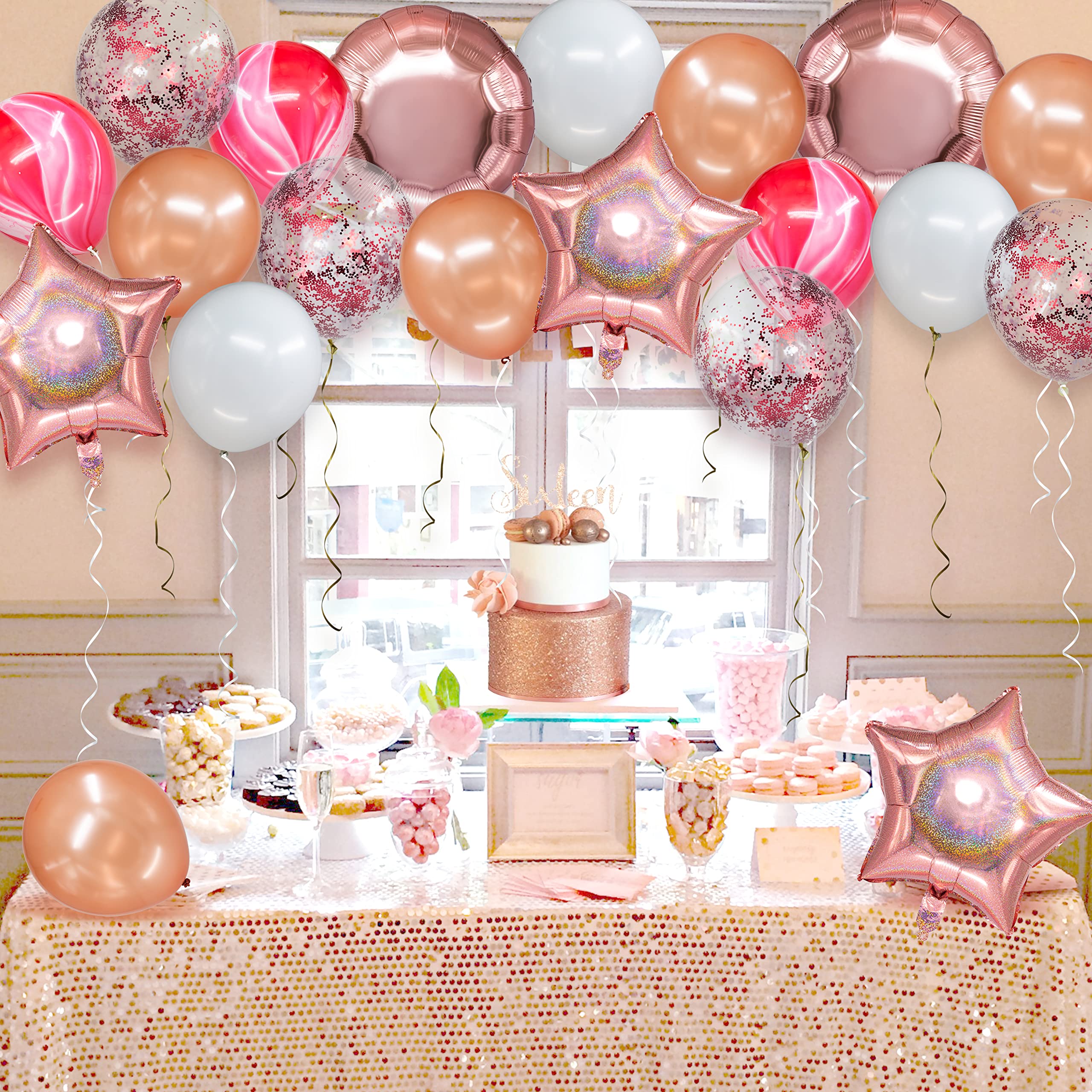 Rose Gold Balloon Garland Kit - 50PCS Rose Gold, Pink & White Balloons with Confetti for Birthday, Wedding, Engagement, Bridal & Baby Showers - Perfect for Party Backdrops, Photo Booths & Ceiling Decorations
