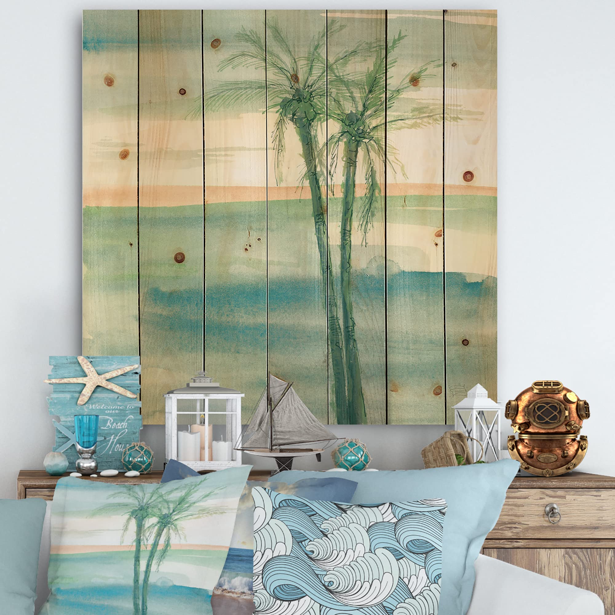 DesignQ Peaceful Dusk II Tropical Wood Wall Art - Blue Beach-Themed Wall Decor, Large Pine Wood Wall Panels with Nature Prints | Perfect for Coastal, Boho & Living Room Decor