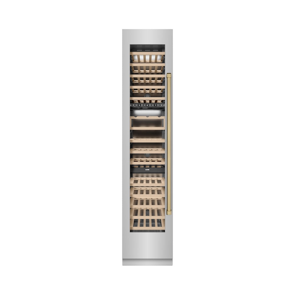 ZLINE Autograph Edition 18 Inch 9.0 cu ft Triple Zone 68 Bottle Left Hinge Stainless Steel Wine Cooler with Champagne Bronze Accents - Perfect for Home Bars, Wine Cellars & Entertaining (RCWVLZ 30418 CB)
