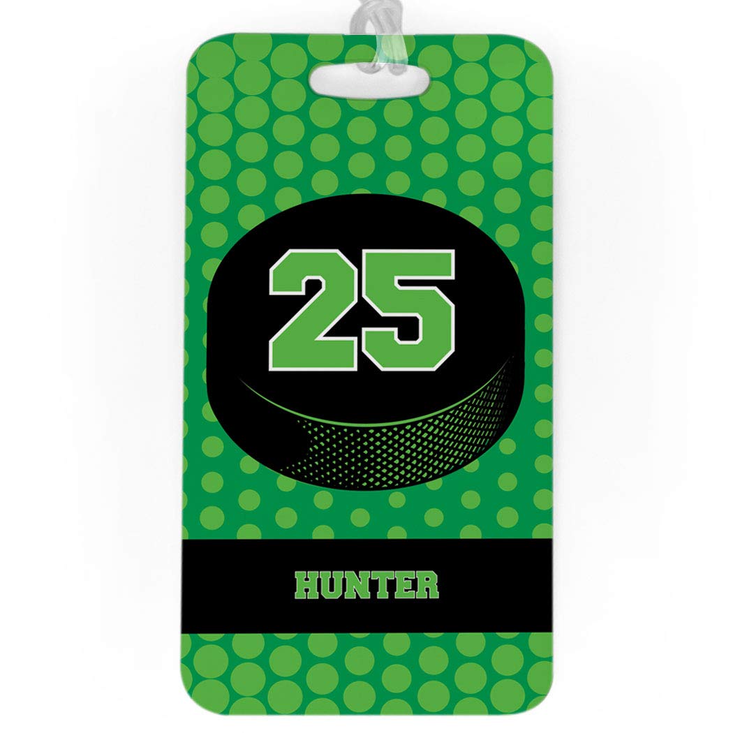 Personalized Hockey Puck Luggage Tag - Large Green Hockey Bag Tag with Standard Lines on Back - Perfect for Hockey Players, Fans & Travel Accessories