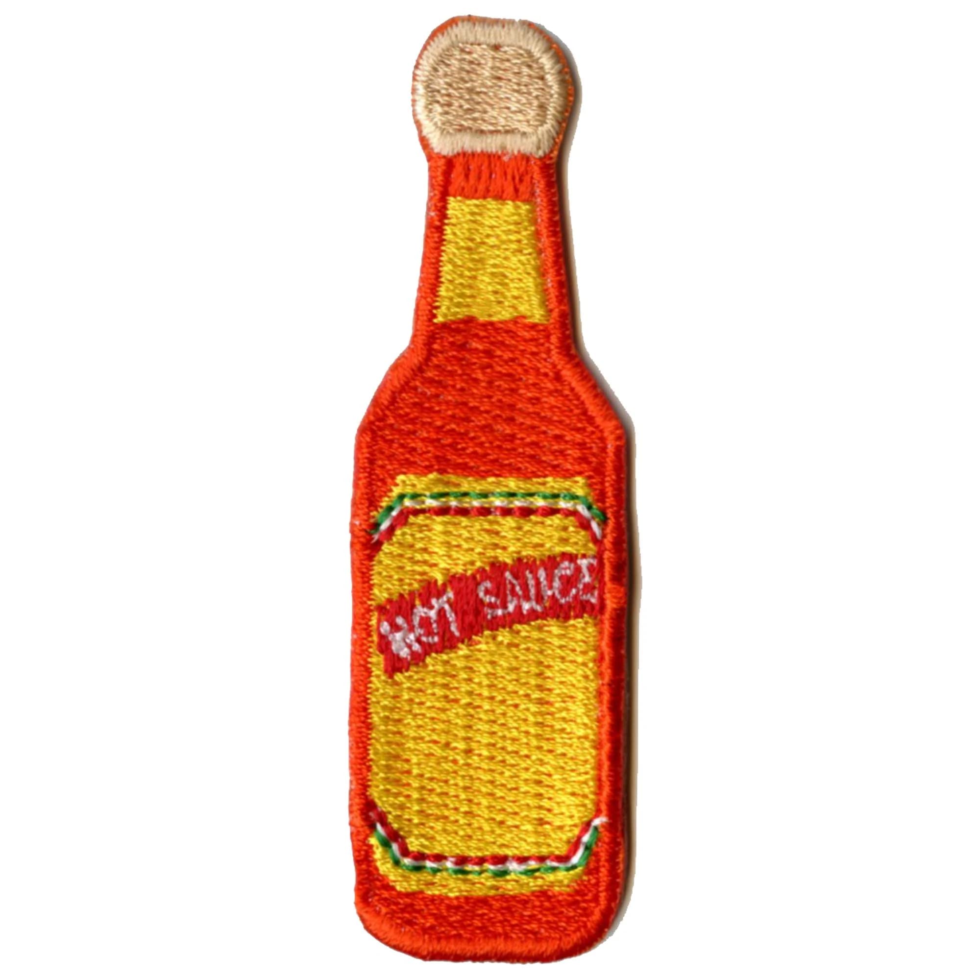 Spicy Hot Sauce Orange Bottle with Wooden Cap - Iron On Embroidered Patch for Jackets, Bags & DIY Crafts