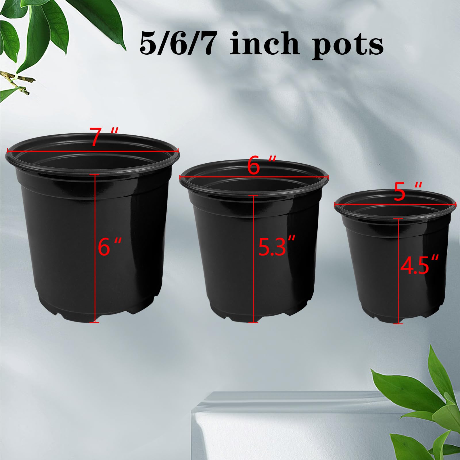 RAOOKIF 45 Pack 5 6 7 Inch Plastic Nursery Pots with Drainage Holes - Seed Starting Pots for Flowers, Seedlings, Cuttings & Transplanting (5+6+7 Inch, 45pcs) - Ideal for Indoor Gardening, Greenhouses & Home Plant Propagation