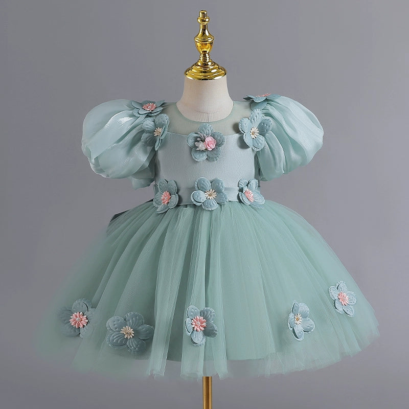 Elegant Baby Girls Floral Tulle Pageant Dresses - Toddler Puff Sleeve Princess Gown for Special Occasions | Birthday, Baptism, Photo Shoot & Wedding Flower Girl Dress