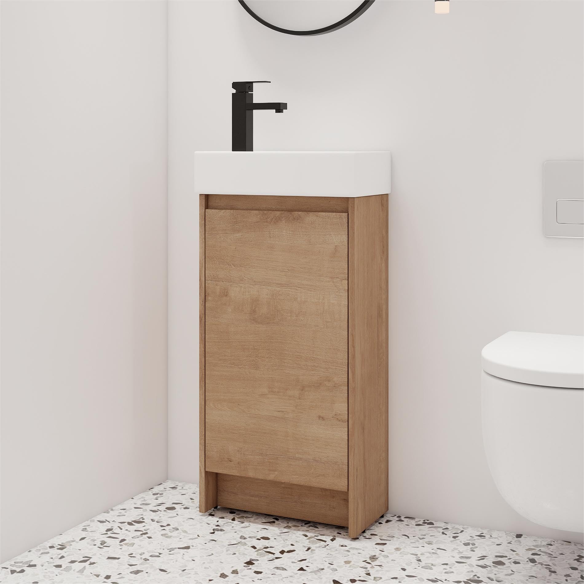 16 Inch Freestanding Bathroom Vanity with White Ceramic Sink - Modern Floor Standing Vanity with Storage Door - Perfect for Small Bathrooms, Powder Rooms & Guest Baths (034-16)