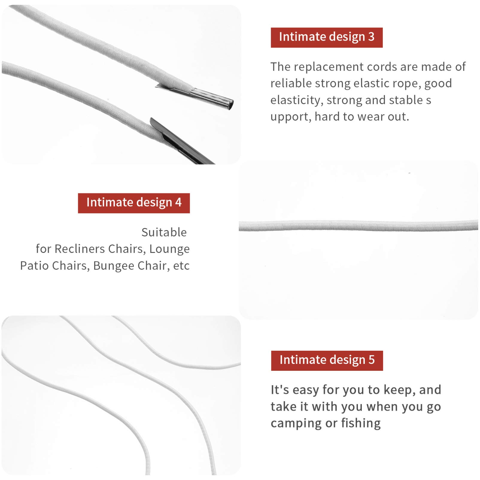 4-Pack White Chaise Lounge Replacement Bungee Cords – Latex Core Rope Laces for Reclining Patio Chairs, Beach Chairs & Salon Chairs – Durable Outdoor Furniture Repair Accessories for Poolside, Backyard & Spa Relaxation