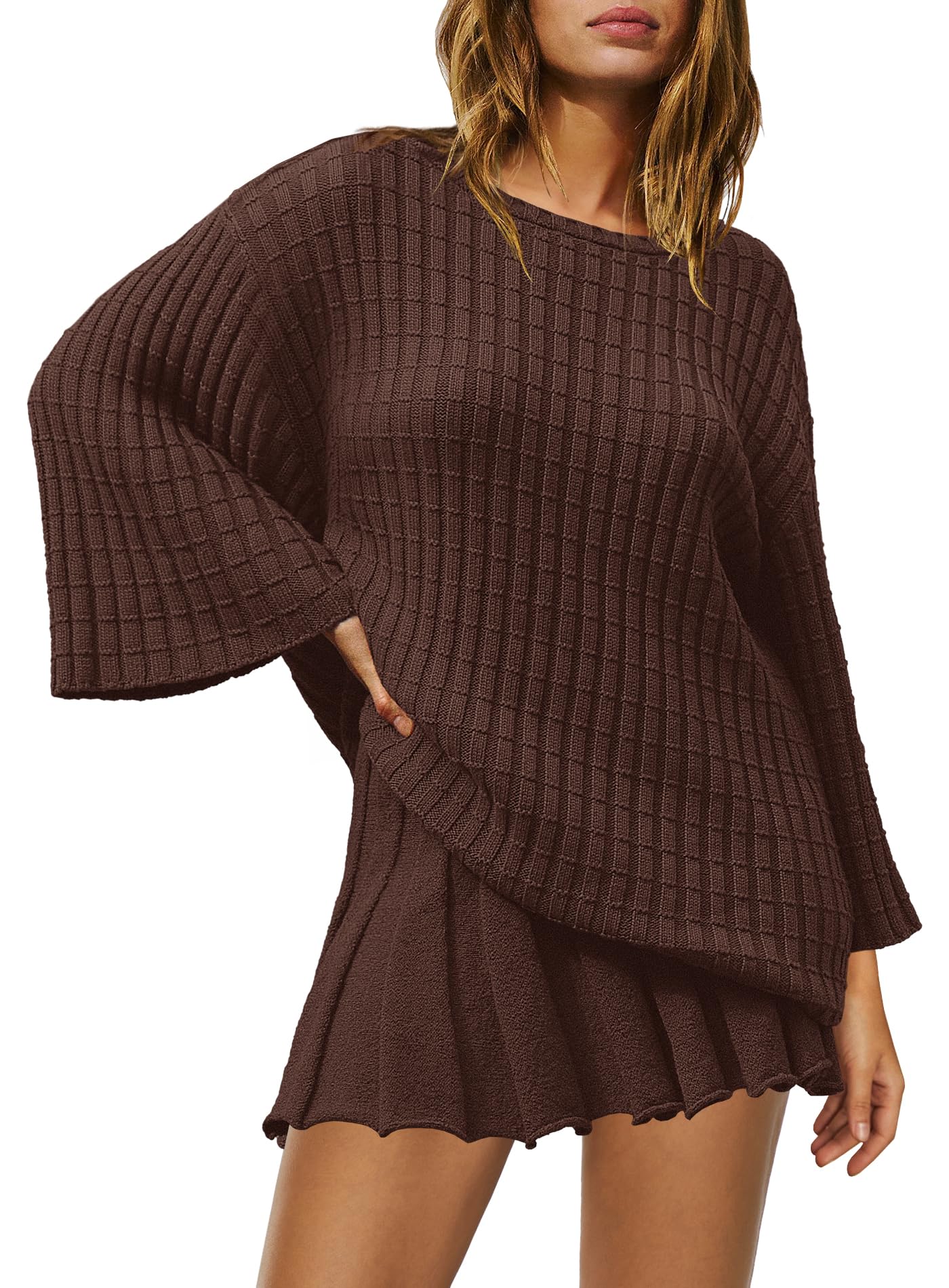 Yanekop Women's 2-Piece Sweater Skirt Set - Loose Matching Lounge Wear, Comfy Pajama Outfit with Long Sleeve Top & Skirt - Perfect for Home Relaxation, Casual Outings & Cozy Winter Days